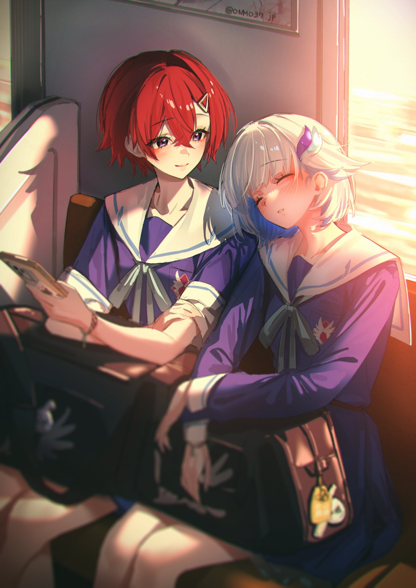 sino42, ange katrina, lize helesta, lize helesta (4th costume), nijisanji, commentary request, highres, 2girls, aqua ribbon, bag on lap, black bag, blue hair, blue serafuku, blue shirt, blue skirt, blurry, blush, bracelet, breasts, cellphone, closed eyes, closed mouth, colored inner hair, cosplay, crossed bangs, depth of field, eyelashes, hair between eyes, hair ornament, hairclip, hand on own arm, hands up, head tilt, holding, holding phone, jewelry, lize helesta (cosplay), long bangs, long sleeves, looking at another, miniskirt, multicolored hair, multiple girls, neck ribbon, parted lips, phone, purple eyes, red hair, ribbon, sailor collar, school uniform, serafuku, shirt, short hair, short sleeves, side-by-side, single hair intake, sitting, skirt, sleeping, sleeve cuffs, small breasts, smartphone, smile, sunset, train interior, two-tone hair, virtual youtuber, white hair, white sailor collar