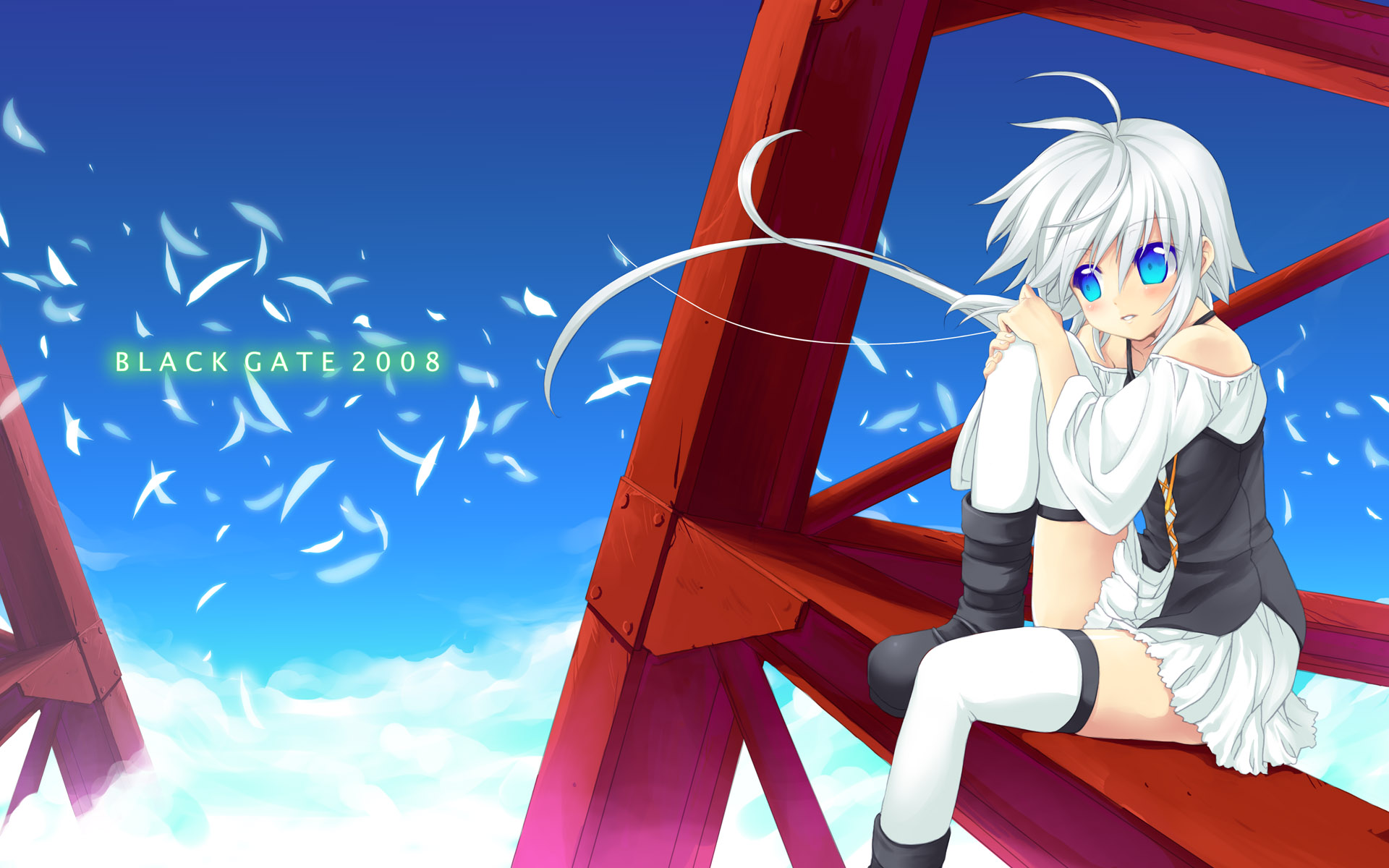 minamura haruki, highres, 1girl, bare shoulders, blue eyes, cloud, construction site, day, female focus, frills, lingerie, outdoors, sky, solo, thighhighs, underwear, white hair, zettai ryouiki