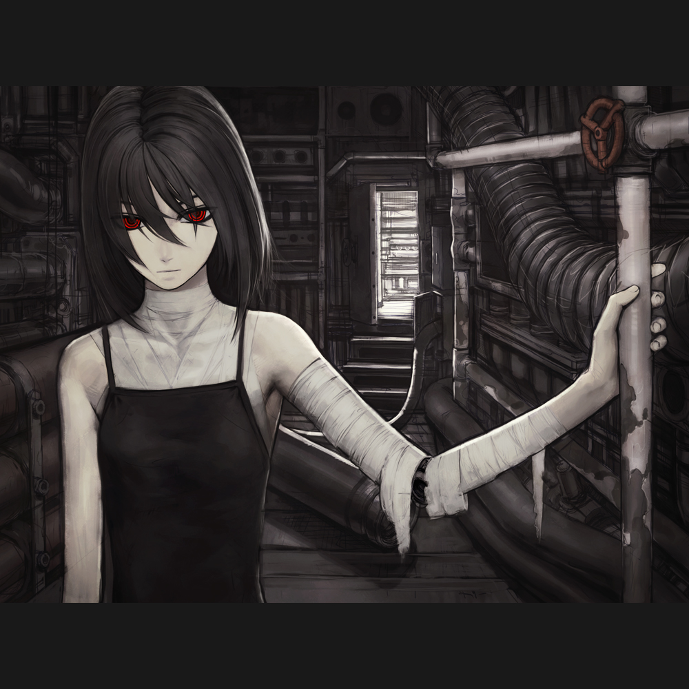 iwai ryou, original, 1girl, bandaged arm, bandaged neck, bandages, black hair, cyborg, female focus, flat chest, industrial pipe, red eyes, solo