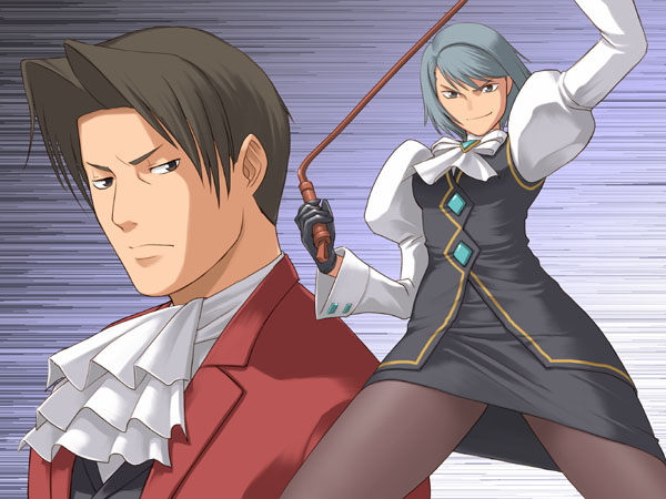 yizumi, franziska von karma, miles edgeworth, ace attorney, capcom, 1boy, 1girl, pantyhose, pencil skirt, short hair, skirt, whip