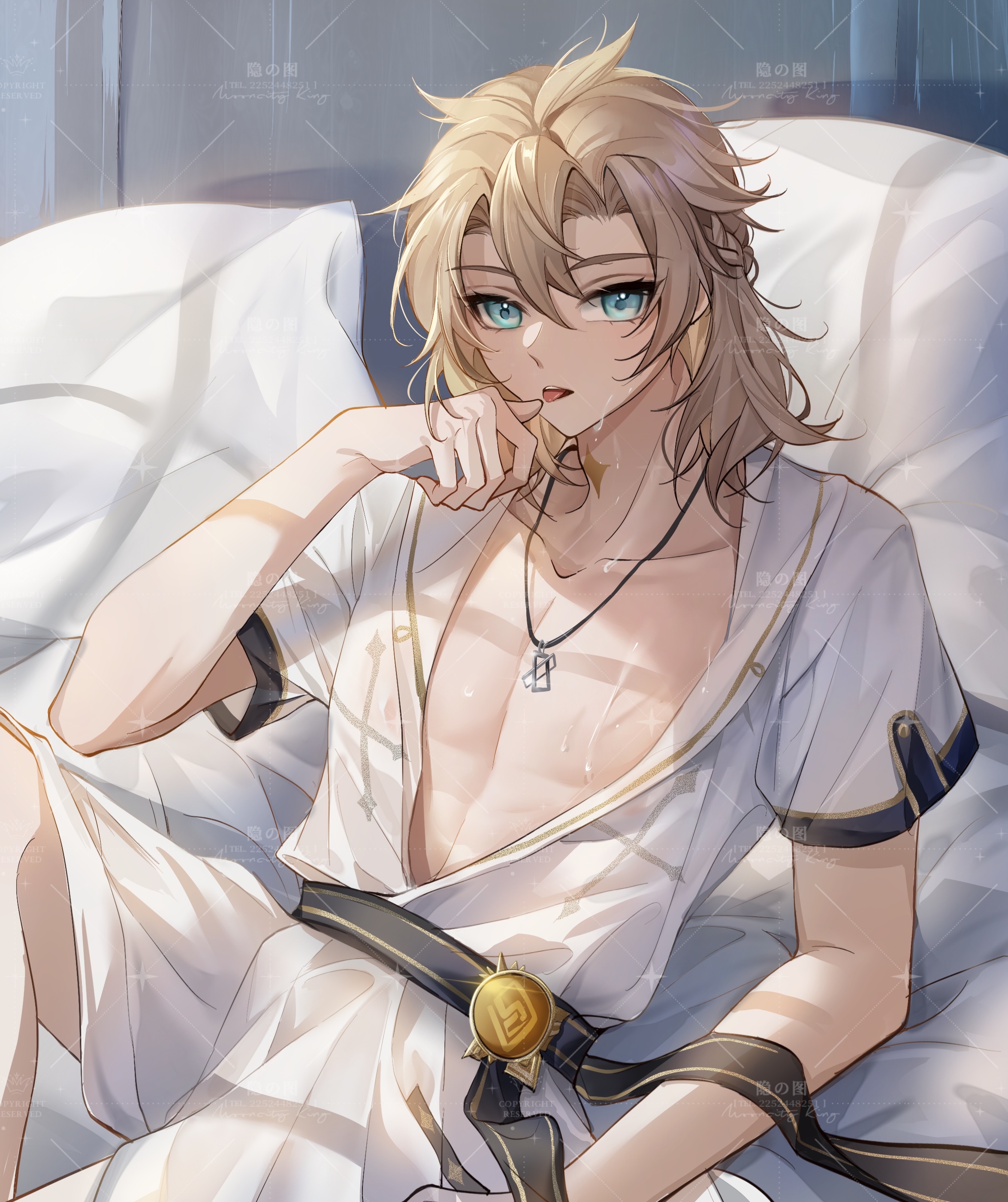 yin01582942, albedo (genshin impact), genshin impact, absurdres, highres, 1boy, aqua eyes, blonde hair, hair between eyes, jewelry, long hair, male focus, muscular, muscular male, neck tattoo, necklace, open clothes, open shirt, pillow, shirt, short sleeves, solo, tattoo, tongue, tongue out, vision (genshin impact), white shirt