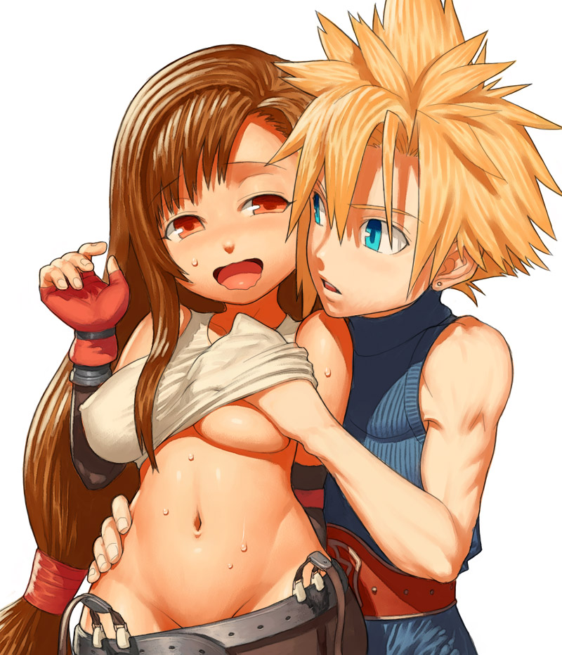 maagori, cloud strife, tifa lockhart, final fantasy, final fantasy vii, bad id, bad pixiv id, 1990s (style), 1boy, 1girl, bare shoulders, blonde hair, blue eyes, blush, breasts, brown hair, couple, covered erect nipples, grabbing another's breast, groin, groping, hetero, long hair, low-tied long hair, midriff, navel, open mouth, red eyes, retro artstyle, shy, sleeveless, sleeveless turtleneck, suspenders, sweat, turtleneck, underboob, wavy mouth
