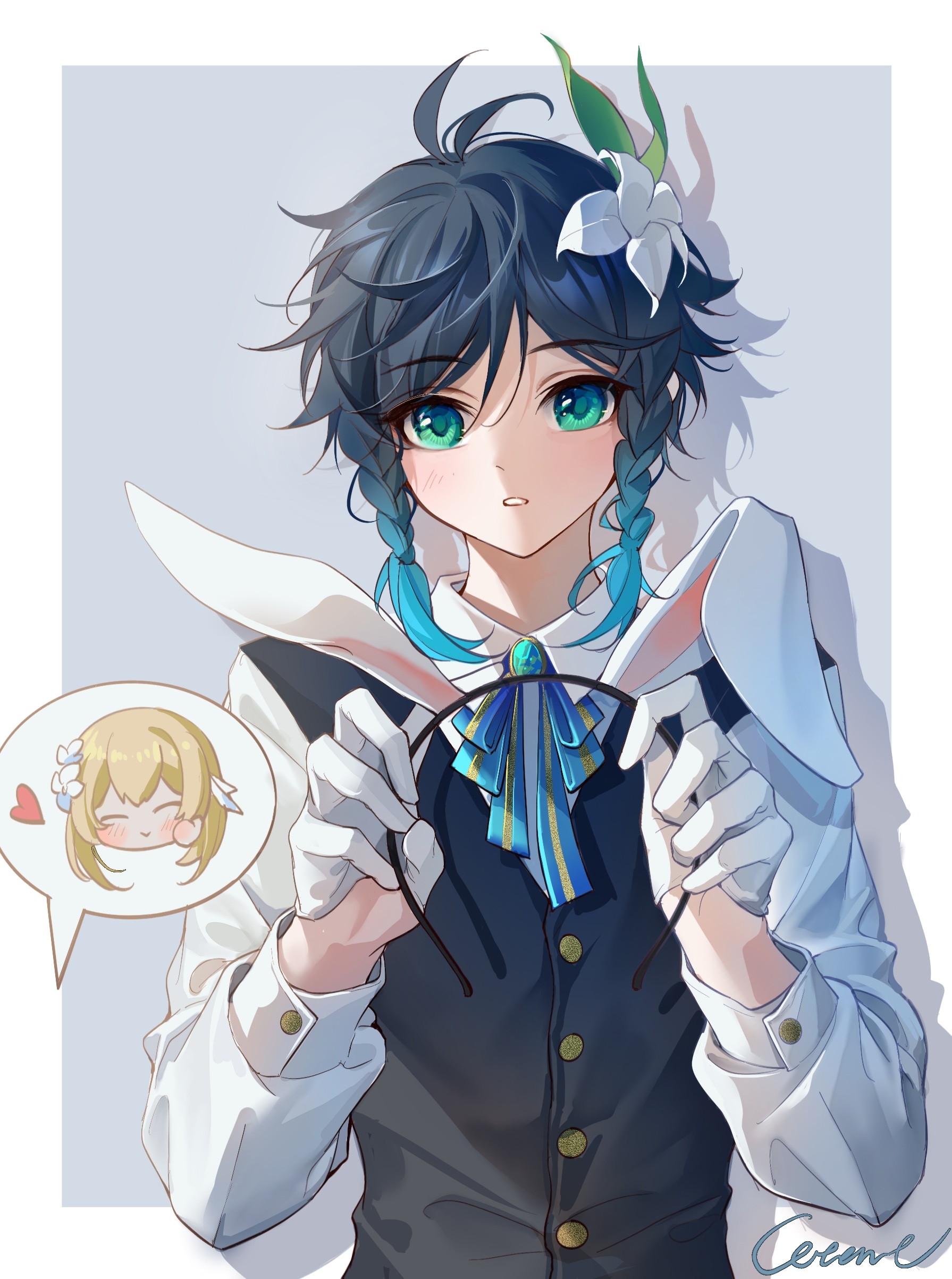 yin01582942, lumine (genshin impact), venti (genshin impact), genshin impact, absurdres, highres, 1boy, alternate costume, animal ears, aqua eyes, aqua hair, black hair, black vest, blonde hair, braid, fake animal ears, flower, gloves, gradient hair, hair flower, hair ornament, holding hairband, long sleeves, male focus, multicolored hair, rabbit ears, shirt, solo, twin braids, vest, white gloves, white shirt