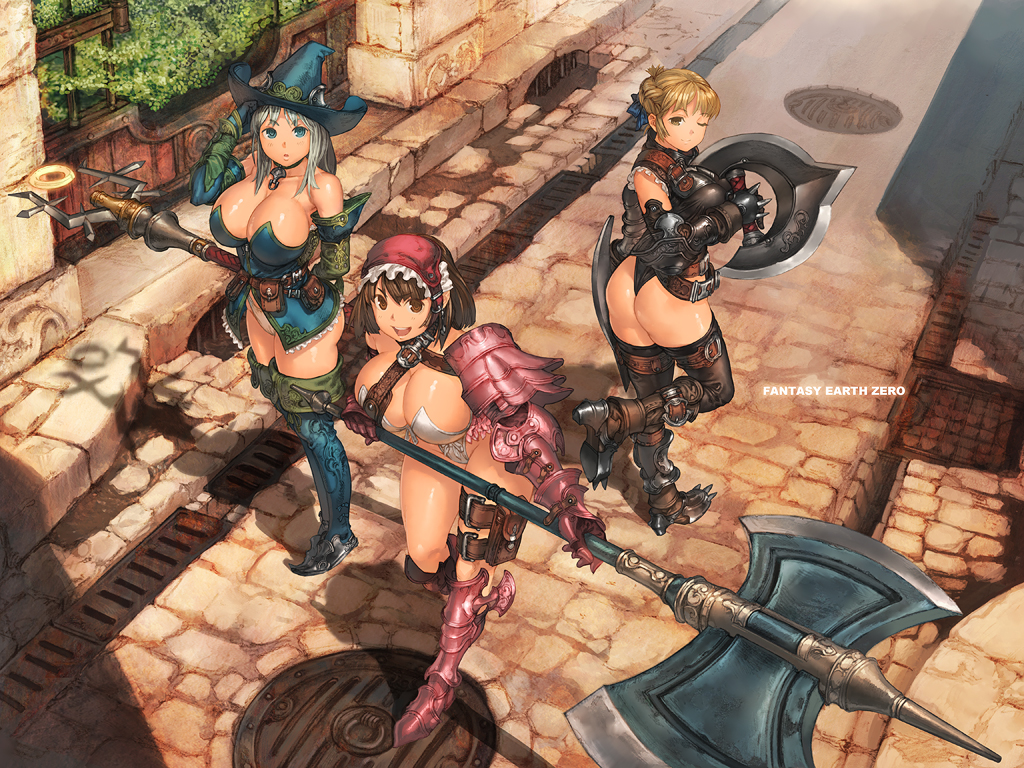 kanda (ura-kanda), fantasy earth zero, bad tag, ass, axe, blonde hair, blue eyes, breasts, brown eyes, brown hair, chakram, collar, halberd, hat, huge breasts, large breasts, mage, outdoors, polearm, ribbon, staff, thigh strap, warrior, weapon, white hair, windfire wheel