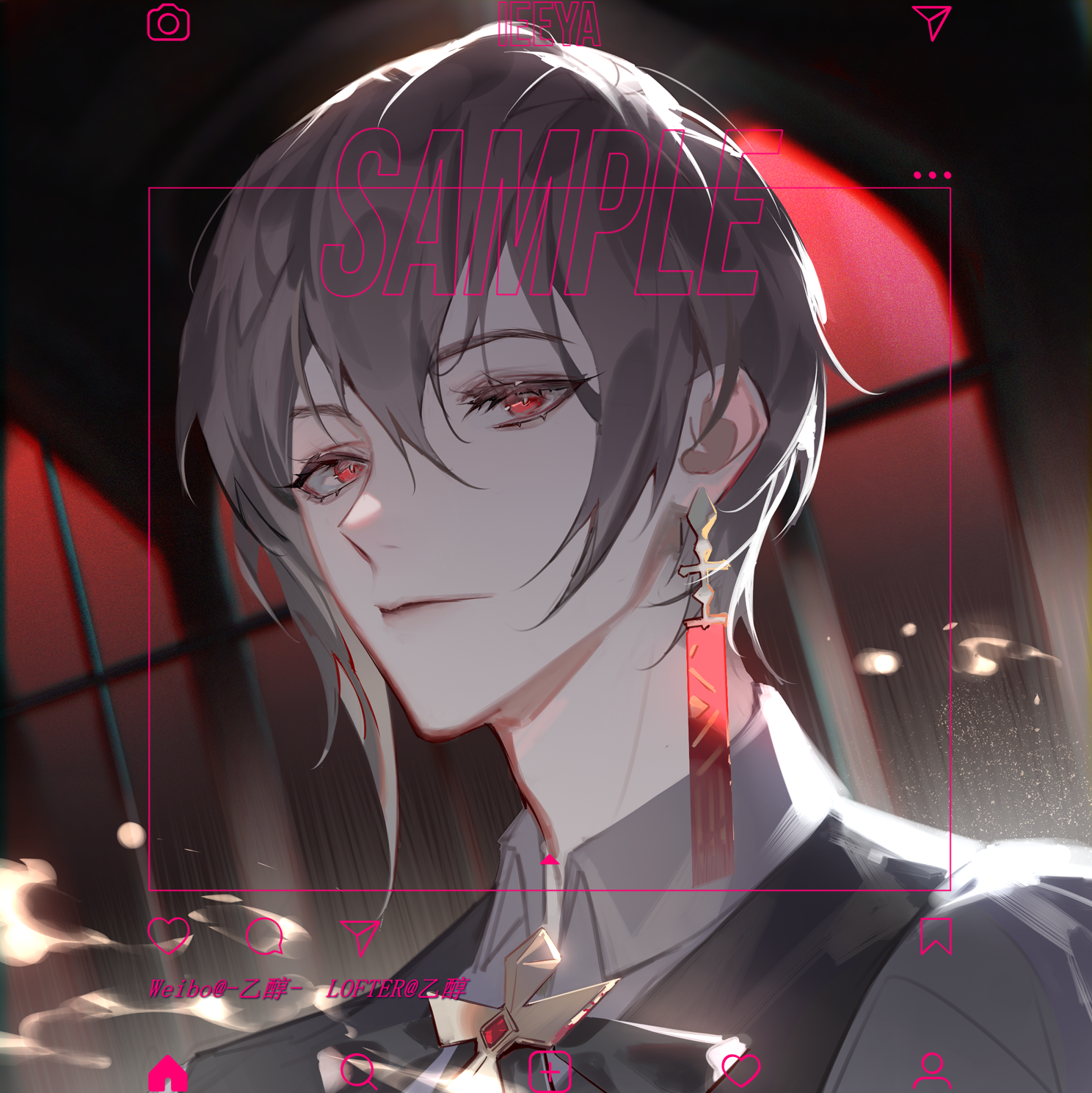 yichun583, ayn alwyn, ayn alwyn (godheim), lovebrush chronicles, chinese commentary, commission, highres, 1boy, arched window, asymmetrical sidelocks, black bow, black bowtie, black hair, black vest, blurry, blurry background, bow, bowtie, brooch, closed mouth, cross, cross earrings, earrings, embers, expressionless, grey shirt, hair between eyes, jewelry, looking at viewer, male focus, muntins, portrait, red eyes, sample watermark, shirt, short hair, sidelocks, sideways glance, single earring, solo, vest, watermark, window
