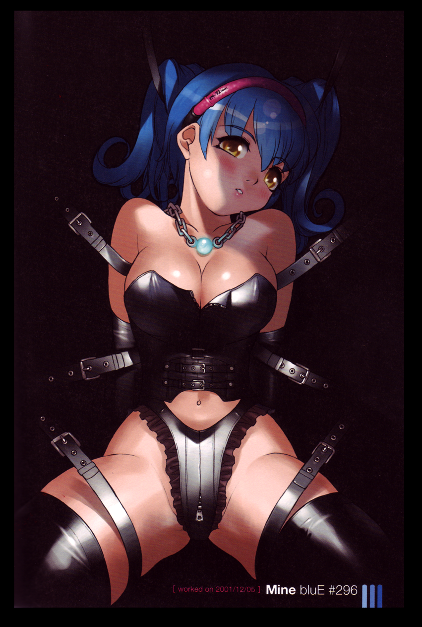yoshizaki mine, highres, scan, 1girl, bdsm, belt, black theme, blue hair, bondage, bound, breasts, cleavage, female focus, jewelry, necklace, panties, solo, thighhighs, underwear, yellow eyes