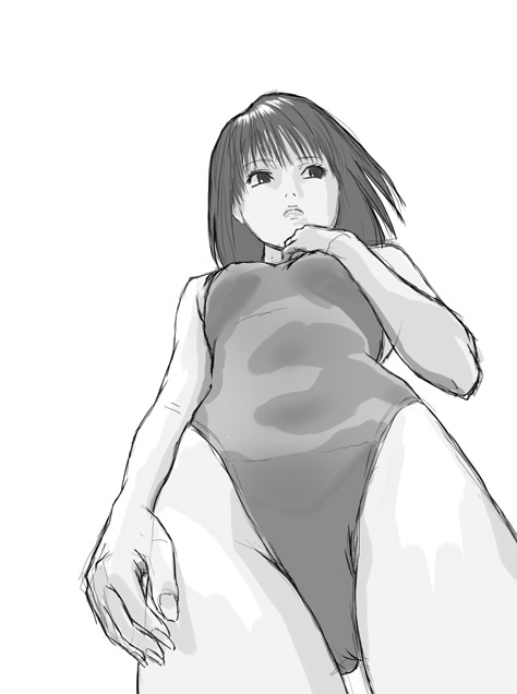 bucho, 1girl, female focus, foreshortening, from below, greyscale, highleg, highleg one-piece swimsuit, monochrome, one-piece swimsuit, simple background, solo, swimsuit