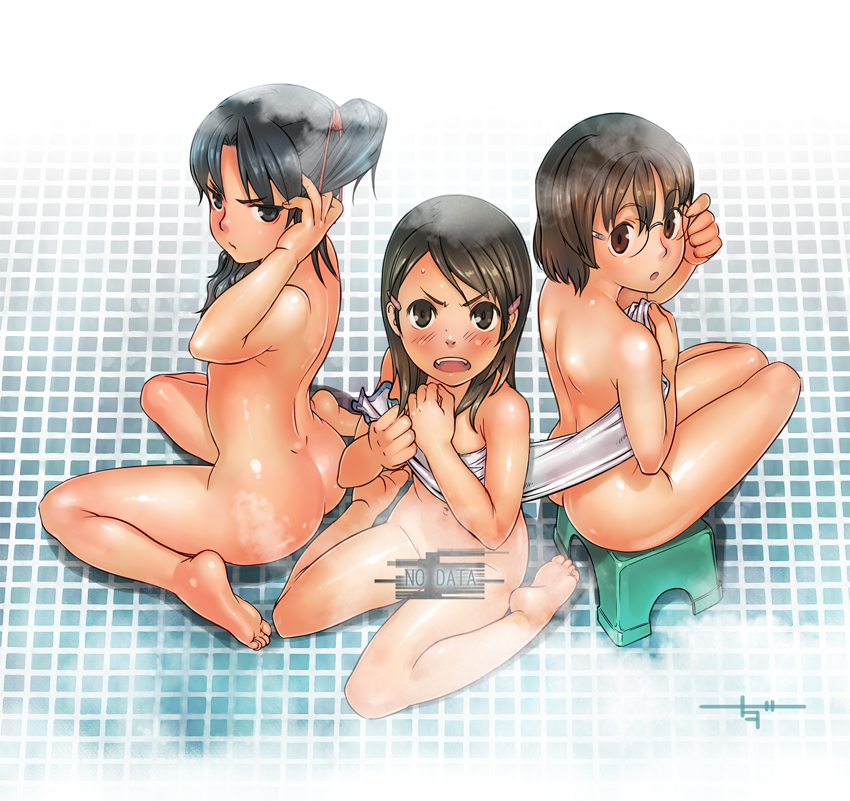 kanda (ura-kanda), amasawa yuuko, hashimoto fumie, okonogi yuuko, dennou coil, 00s, 3girls, :o, adjusting eyewear, angry, ass, back, barefoot, bath stool, bathroom, blush, censored, convenient censoring, covering breasts, covering privates, dimples of venus, embarrassed, feet, glasses, legs, loli, looking at viewer, multiple girls, navel, novelty censor, nude, open mouth, sitting, soles, stool, toes, towel, wariza