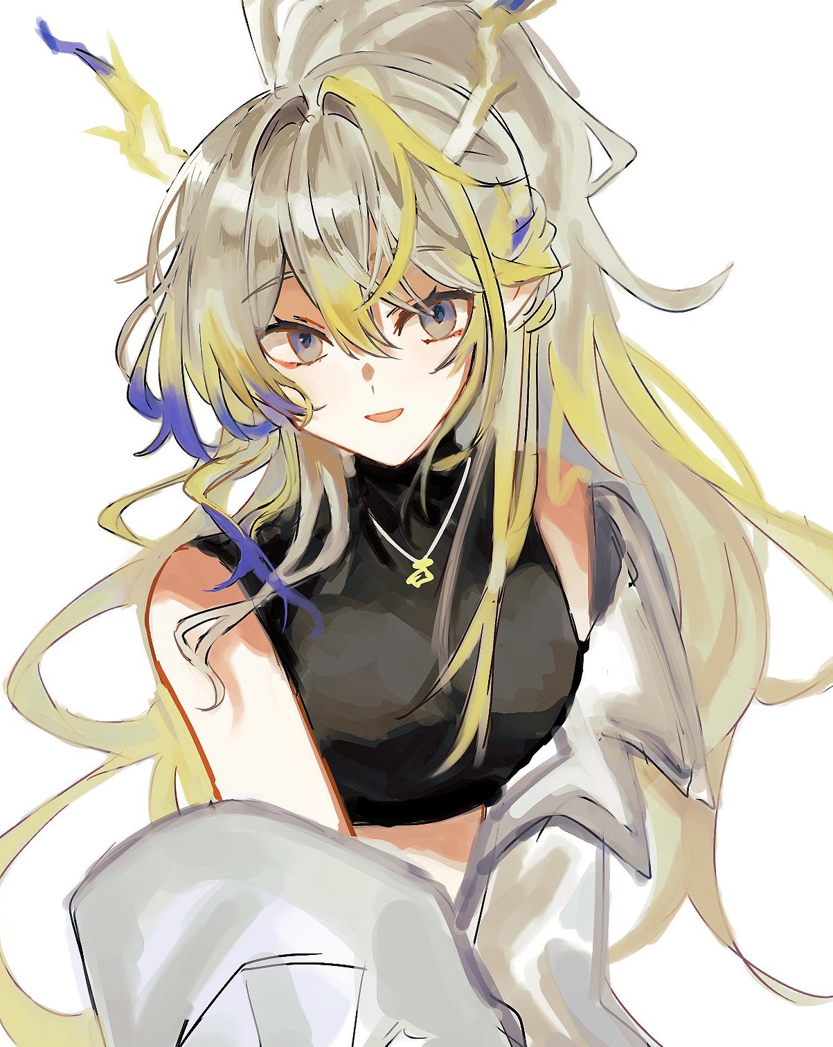 shu (arknights), arknights, highres, 1girl, :d, bare shoulders, blonde hair, dragon girl, dragon horns, grey eyes, grey hair, grey jacket, hair between eyes, horns, jacket, long hair, looking at viewer, multicolored hair, nktg, off shoulder, open mouth, purple hair, shirt, simple background, sleeveless, sleeveless shirt, smile, solo, turtleneck, turtleneck shirt, white background