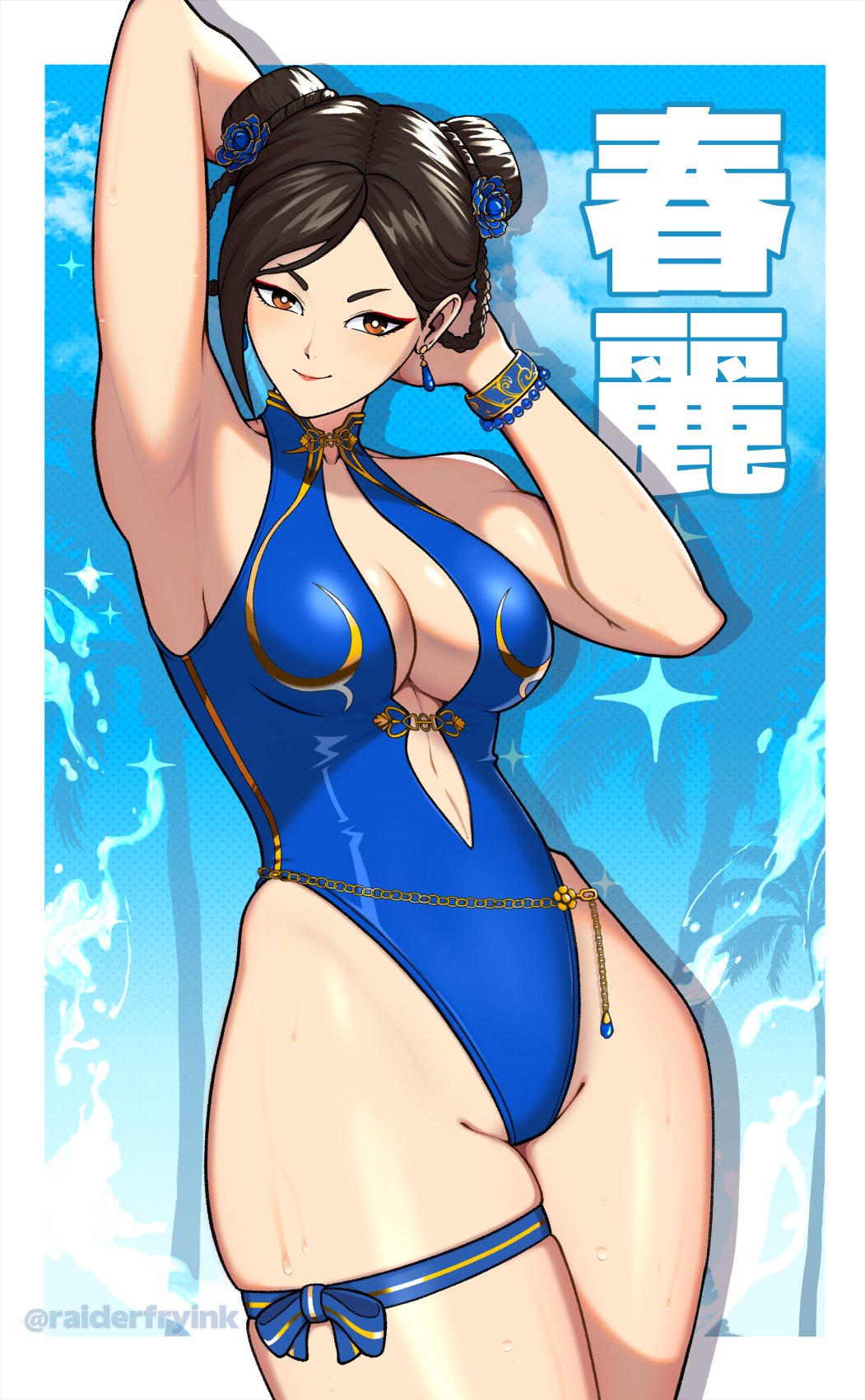 raider fry, chun-li, capcom, street fighter, street fighter 6, highres, 1girl, bare shoulders, blue background, blue one-piece swimsuit, blush, border, breasts, brown eyes, brown hair, casual one-piece swimsuit, center opening, cleavage, clothing cutout, cowboy shot, double bun, earrings, frilled thigh strap, hair bun, jewelry, large breasts, looking at viewer, navel, official alternate costume, one-piece swimsuit, short hair, smile, solo, swimsuit, thigh strap, white border
