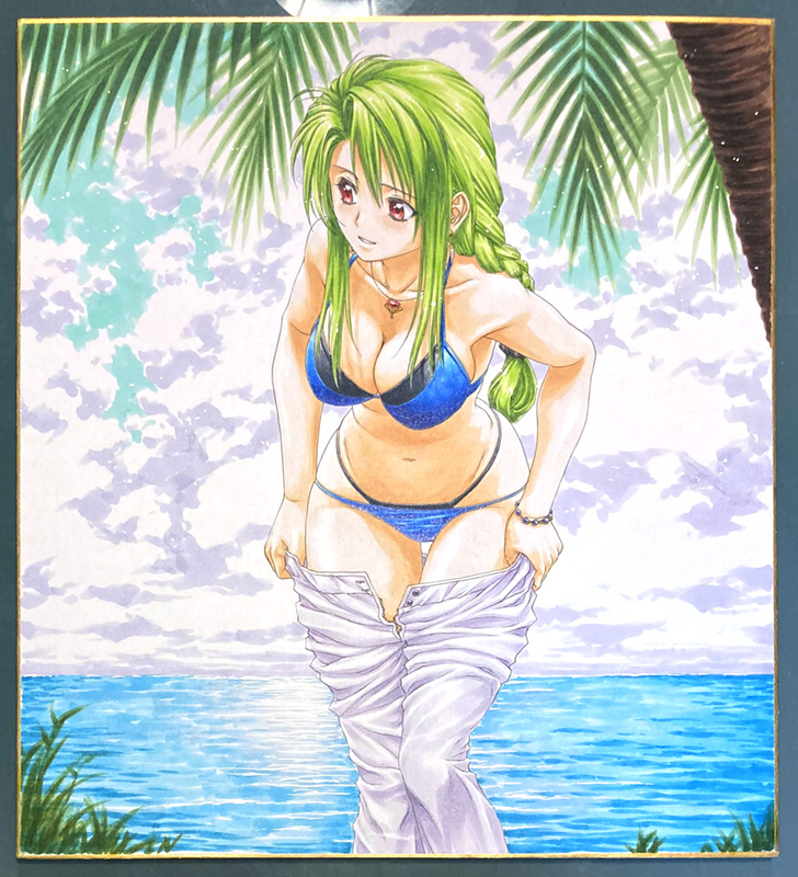 kimura akihiro, 1girl, bikini, blue bikini, breasts, brown eyes, cleavage, cloud, collarbone, emerald dragon, grass, green hair, jewelry, long braid, long hair, navel, necklace, ocean, palm tree, smile, solo, swimsuit, tamrin (emerald dragon), tree, undressing