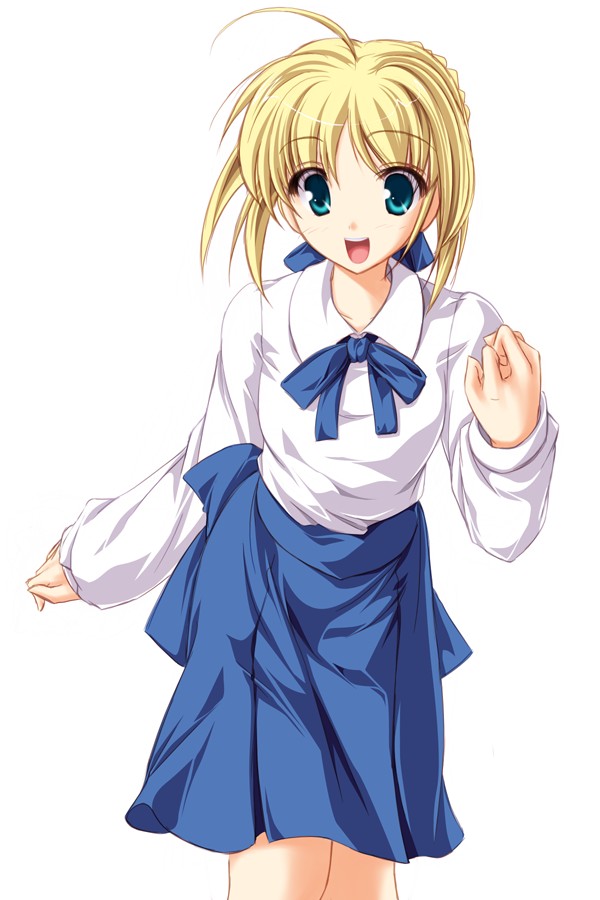 tenmaso, artoria pendragon (fate), saber (fate), fate/stay night, fate (series), duplicate, 00s, bare legs, blonde hair, blouse, green eyes, hair ribbon, ribbon, shirt, skirt, smile, solo