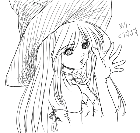 bucho, lowres, choker, christmas, greyscale, hat, monochrome, sketch, solo, witch hat