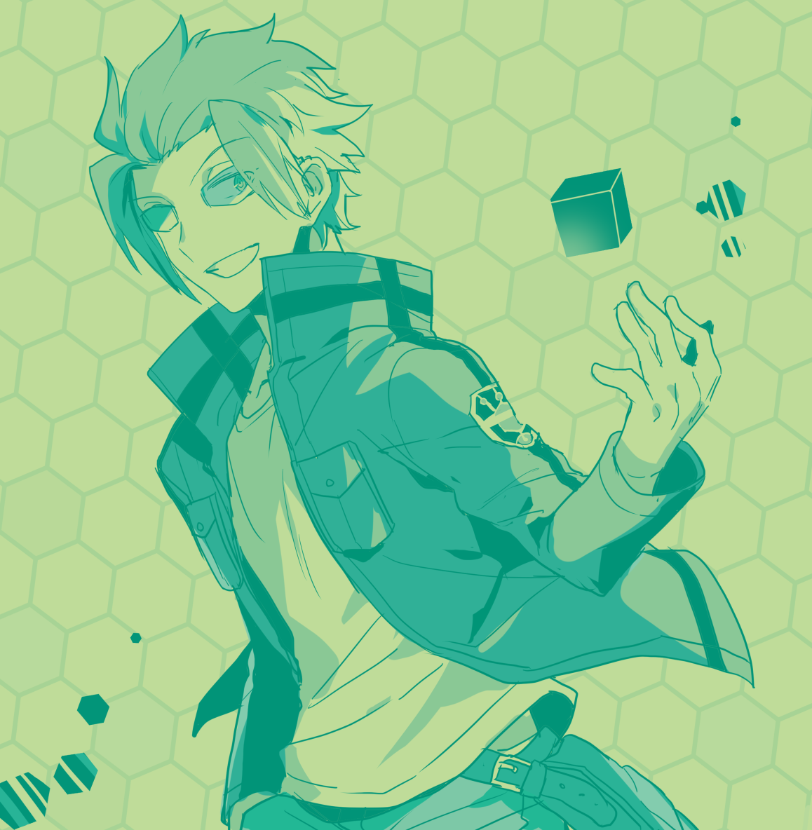 nikame, jin yuuichi, world trigger, brown hair, cube, jacket, male focus, open clothes, open jacket, shirt, simple background, smile, solo, white shirt
