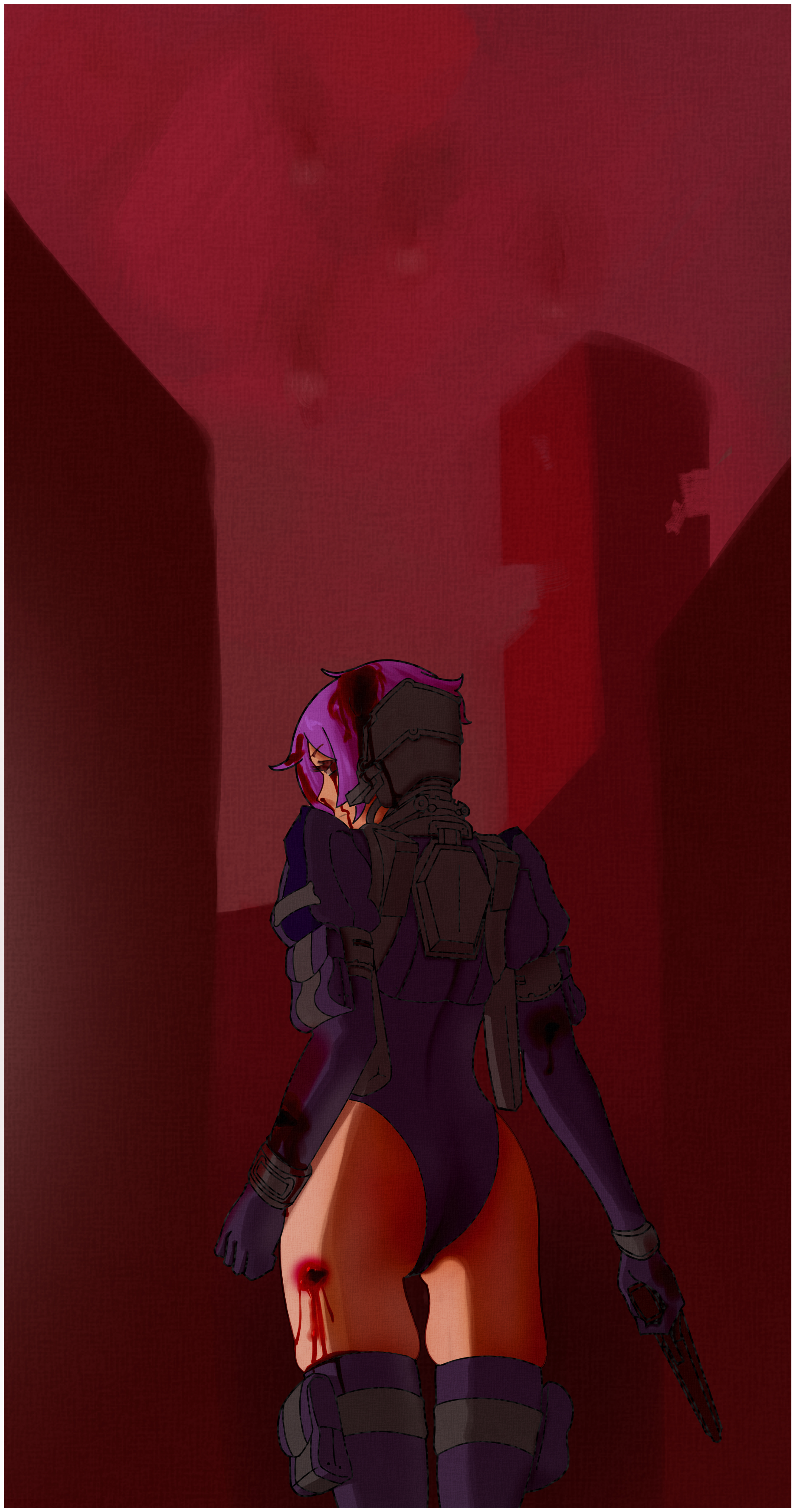 martyr (the citadel), beyond citadel, the citadel, 1girl, alternate costume, ammunition pouch, bleeding, blood, bullet wound, from behind, gun, handgun, holding, holding gun, holding weapon, injury, leotard, pouch, solo, thighhighs, weapon