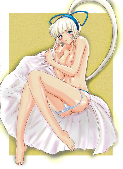 majikina mina, samurai spirits, snk, 1girl, ass, barefoot, breasts, butt crack, feet, female focus, lying, medium breasts, nipples, panties, panty pull, solo, topless female, underwear, white hair