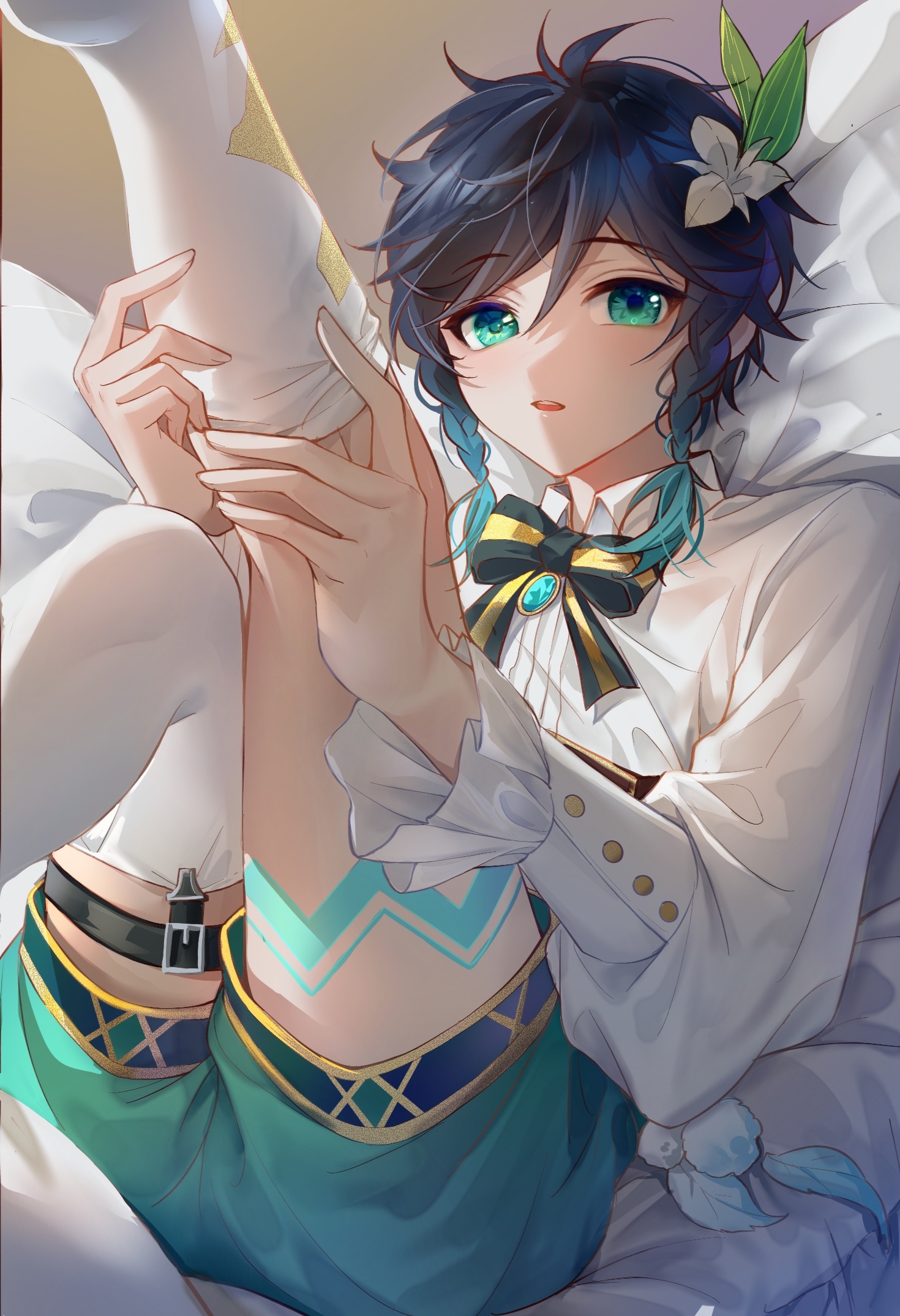 yin01582942, venti (genshin impact), genshin impact, highres, 1boy, alternate legwear, aqua hair, black bow, black bowtie, black hair, bow, bowtie, braid, flower, gradient hair, green shorts, hair flower, hair ornament, jewelry, leg tattoo, long sleeves, male focus, multicolored hair, open mouth, shirt, shorts, solo, tattoo, thighhighs, twin braids, unworn thighhighs, white shirt, white thighhighs