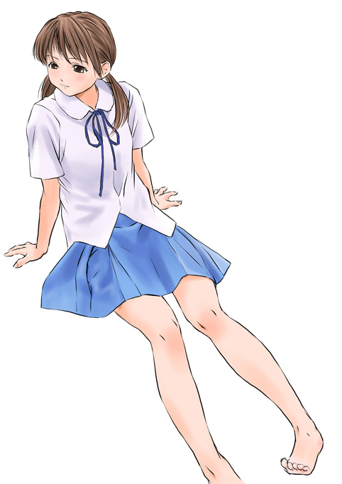bucho, original, barefoot, feet, legs, school uniform, serafuku, sitting, skirt, solo, twintails