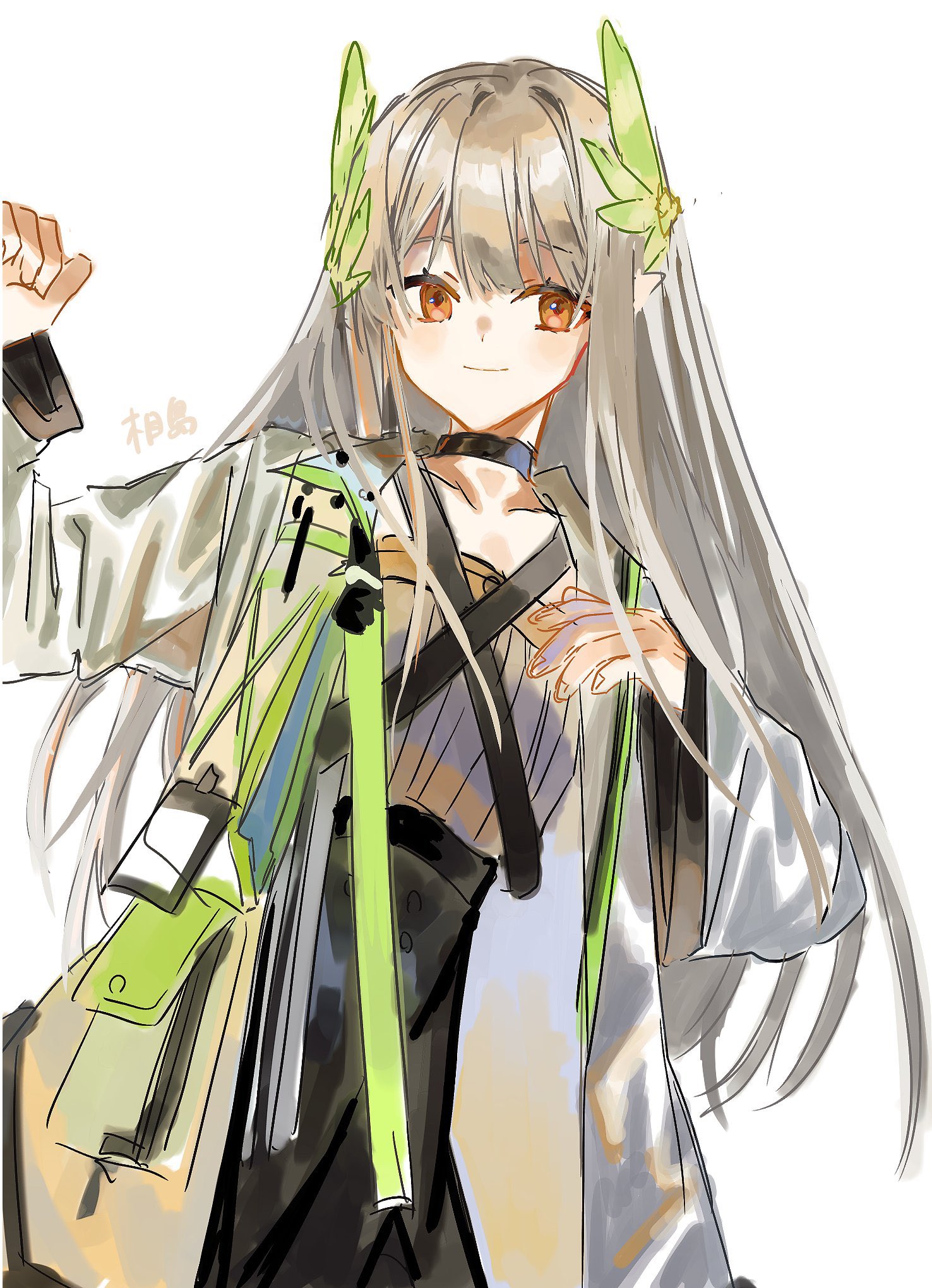 muelsyse (arknights), arknights, commentary, highres, 1girl, arm up, black choker, brown hair, choker, closed mouth, coat, elf, grey coat, grey hair, lab coat, light smile, long hair, long sleeves, multicolored hair, nktg, one-hour drawing challenge, open clothes, open coat, orange eyes, pointy ears, simple background, sketch, solo, streaked hair, white background