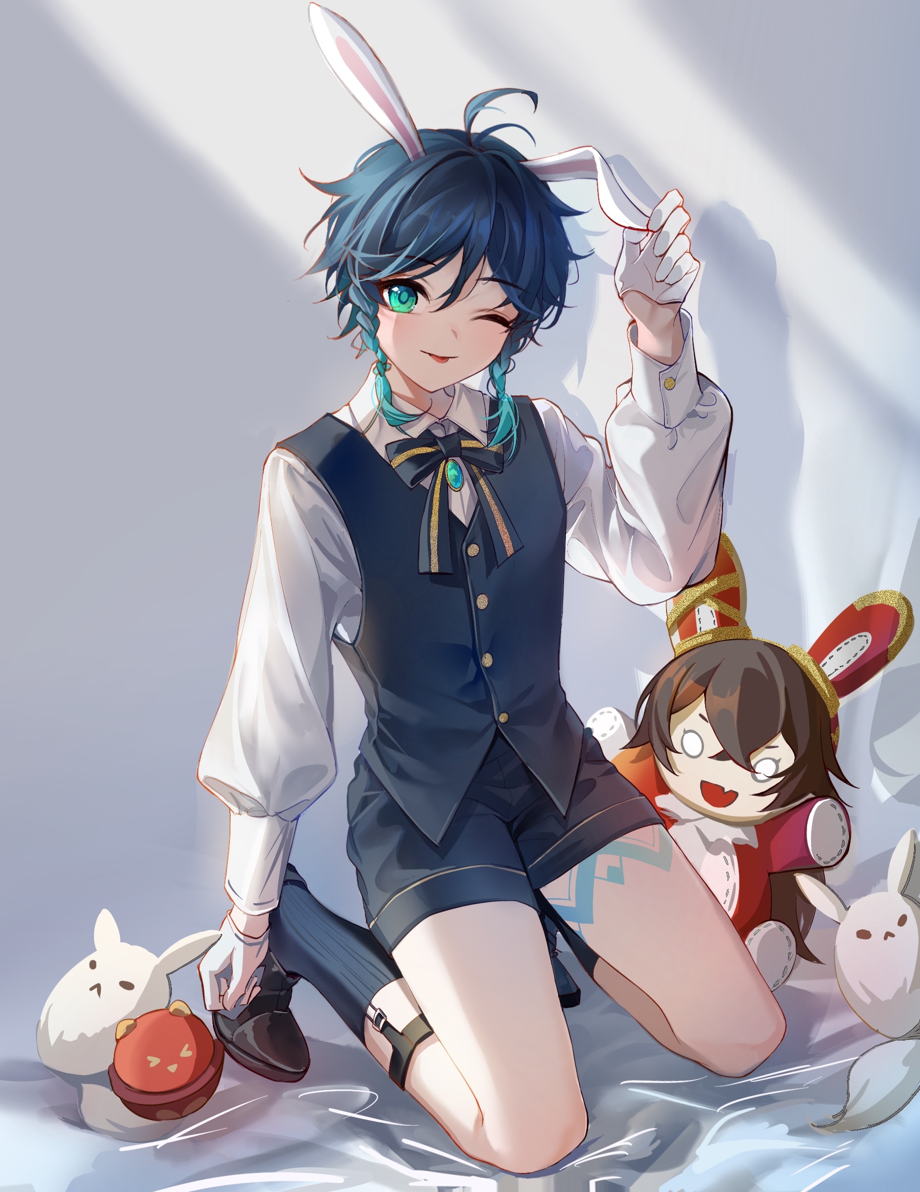 yin01582942, baron bunny (genshin impact), dodoco (genshin impact), venti (genshin impact), genshin impact, absurdres, highres, 1boy, animal ears, aqua eyes, aqua hair, black hair, black shoes, black shorts, black socks, black vest, braid, gloves, gradient hair, leg tattoo, long sleeves, male focus, multicolored hair, one eye closed, rabbit ears, shirt, shoes, shorts, smile, socks, solo, tattoo, tongue, tongue out, twin braids, vest, white gloves, white shirt