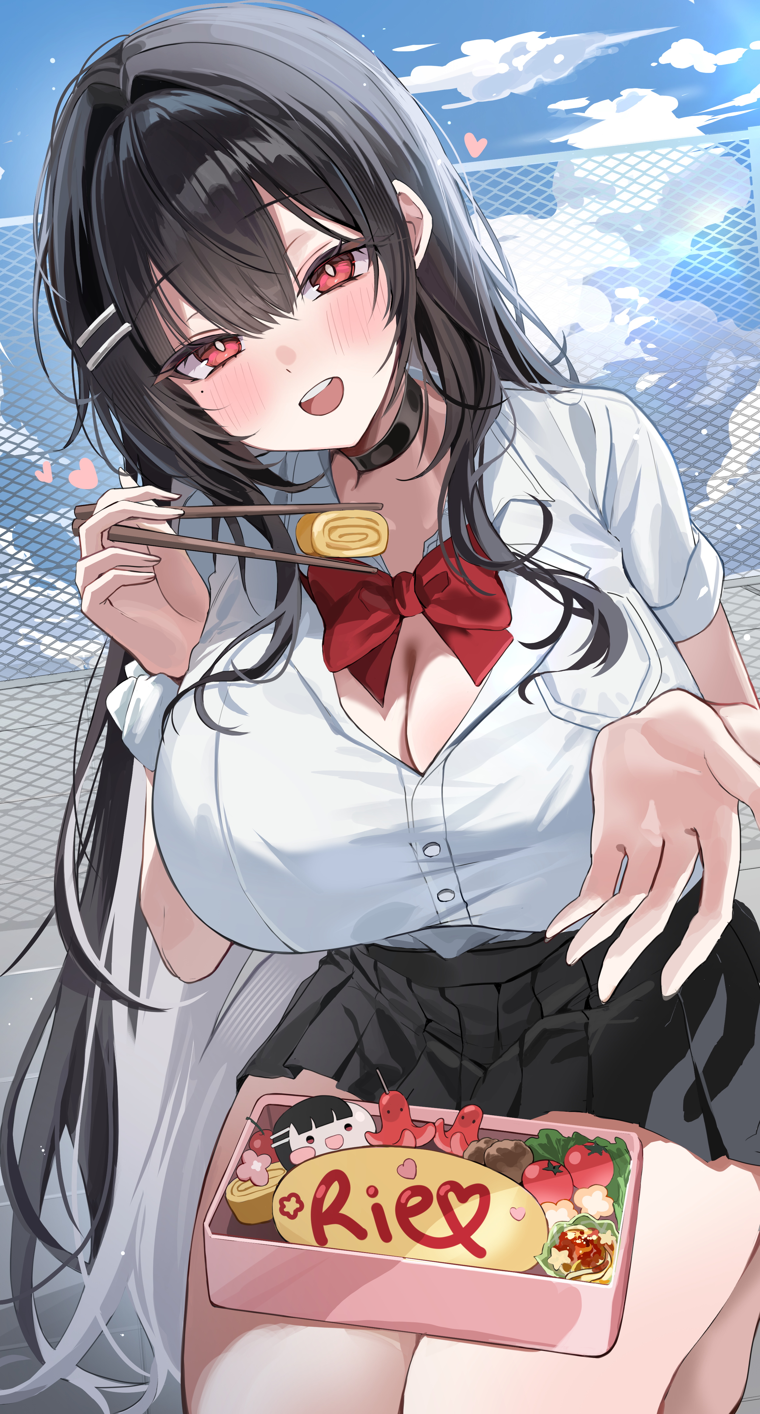 hailiu, rie (mirae yang), original, absurdres, commission, highres, second-party source, 1girl, bento, black choker, black hair, black skirt, bow, bowtie, breasts, bright pupils, choker, chopsticks, cleavage, collared shirt, day, hair ornament, hairclip, hand up, holding, holding chopsticks, huge breasts, long hair, looking at viewer, mole, mole under eye, multicolored hair, open mouth, outdoors, pleated skirt, red eyes, school uniform, scrunchie, shirt, short sleeves, sitting, skirt, smile, solo, two-tone hair, very long hair, white hair, white shirt, wrist scrunchie