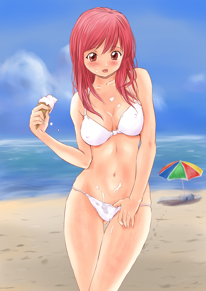 bucho, 1girl, beach, bikini, blush, day, female focus, food, ice cream, ocean, outdoors, red eyes, red hair, side-tie bikini bottom, sky, solo, suggestive fluid, swimsuit, white bikini