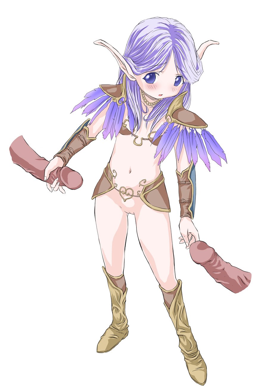 bucho, copyright request, highres, 1girl, 2boys, armor, bikini armor, blue eyes, blush, boots, bottomless, chain, chain necklace, cleft of venus, d:, dark-skinned male, dark skin, disembodied penis, double handjob, elf, feather trim, fingernails, flat chest, full body, gluteal fold, gold necklace, group sex, handjob, heart, hetero, jewelry, knee boots, loli, long fingernails, long hair, looking to the side, mmf threesome, multiple boys, navel, necklace, no panties, open mouth, parted bangs, parted hair, penis, pointy ears, purple hair, pussy, shoulder armor, solo focus, split mouth, threesome, uncensored, vambraces