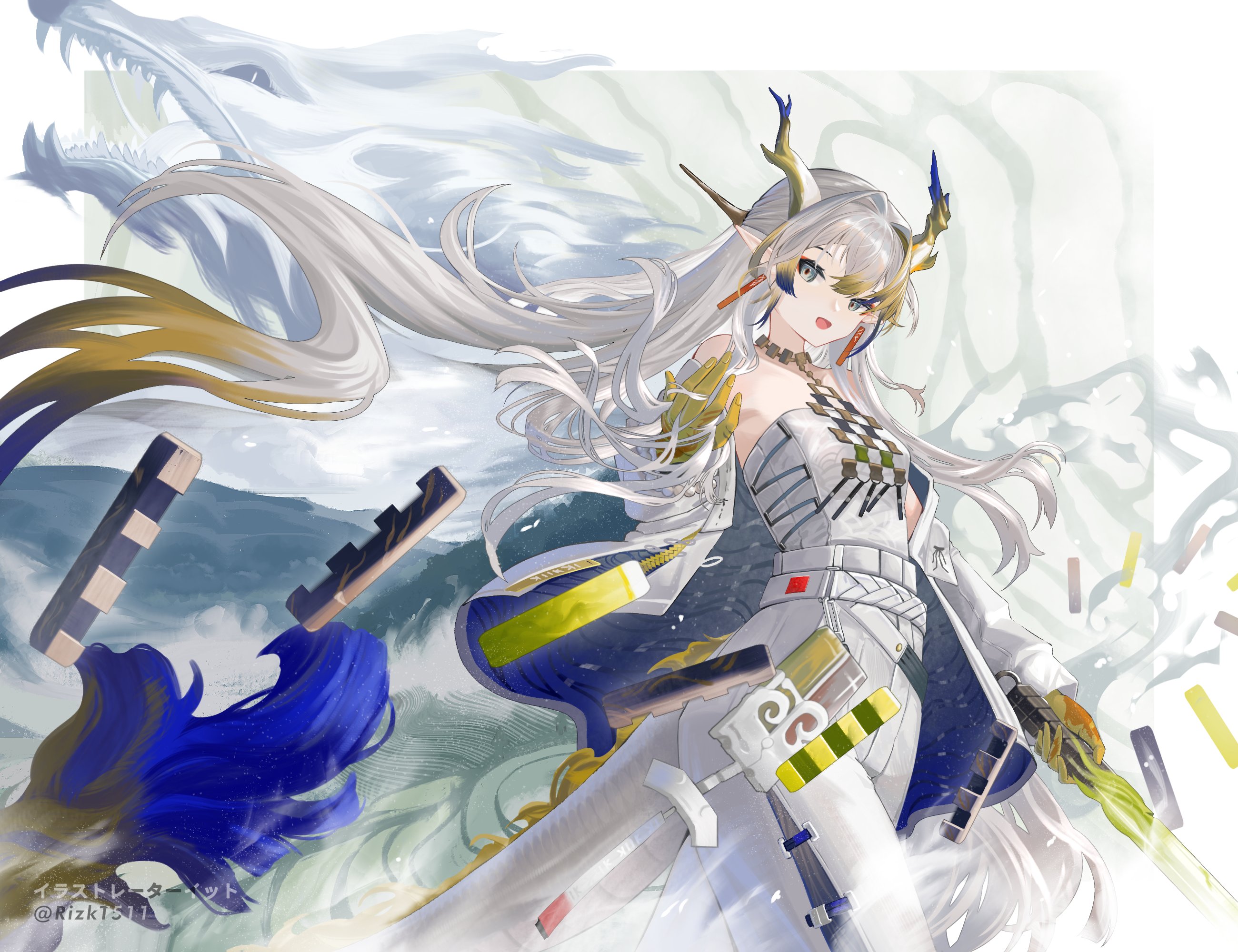unitaka, shu (arknights), arknights, commentary request, highres, 1girl, :d, bare shoulders, beads, belt, blonde hair, colored extremities, cowboy shot, dragon girl, dragon horns, dragon tail, earrings, grey eyes, grey hair, hair between eyes, hair intakes, holding, holding sword, holding weapon, horns, jacket, jewelry, long hair, looking at viewer, magic, multicolored hair, necklace, off shoulder, open mouth, pants, pointy ears, purple hair, smile, solo, standing, strapless, sword, tail, tube top, twitter username, two-sided fabric, two-sided jacket, very long hair, watermark, weapon, white belt, white jacket, white pants, white tube top