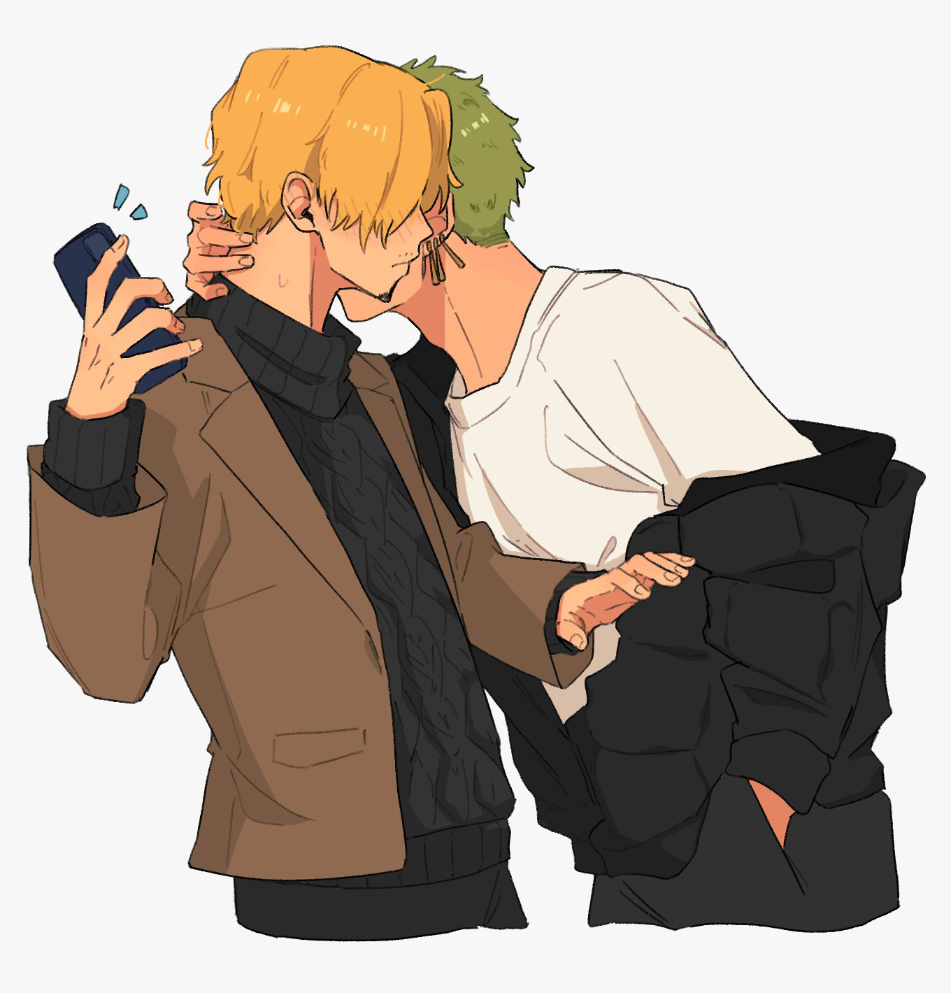 iqracha, roronoa zoro, sanji (one piece), one piece, highres, 2boys, black sweater, blonde hair, blush, brown jacket, cellphone, earrings, facial hair, from side, goatee, hand on another's neck, holding, holding phone, jacket, jewelry, long sleeves, male focus, multiple boys, phone, shirt, short hair, simple background, smartphone, sweater, whispering in ear, white shirt, yaoi