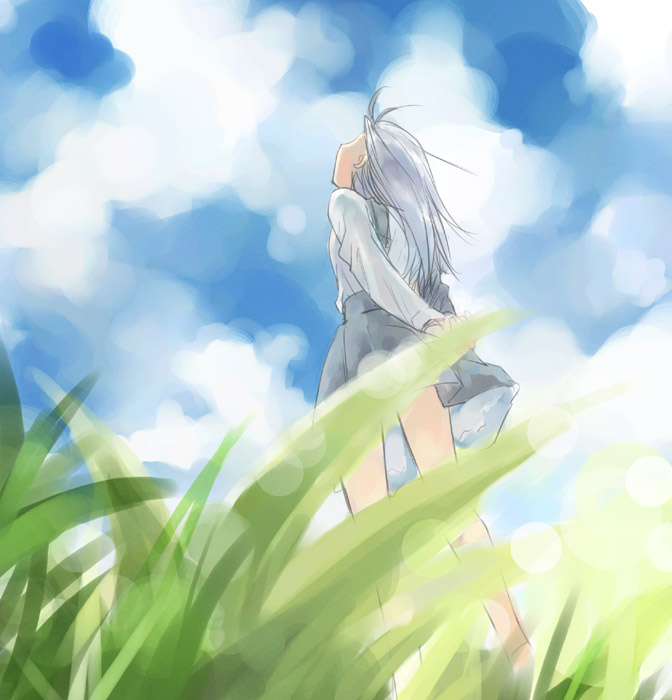 ikeda jun (mizutamari), original, 1girl, cloud, day, female focus, grass, sky, solo