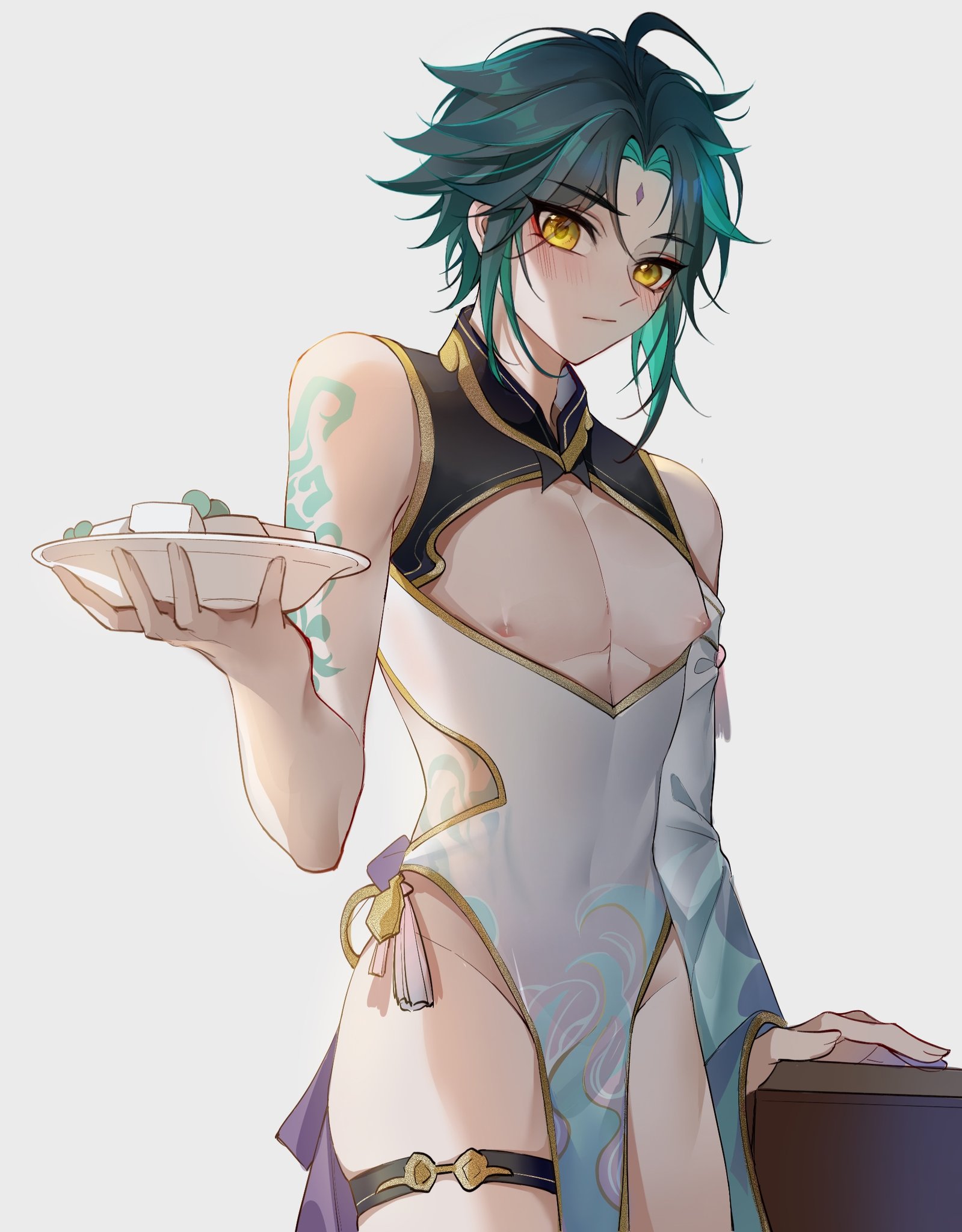 yin01582942, xiao (genshin impact), genshin impact, highres, 1boy, almond tofu (genshin impact), aqua hair, arm tattoo, black hair, blush, china dress, chinese clothes, closed mouth, clothing cutout, dress, holding, holding plate, male focus, multicolored hair, nipples, plate, short hair, solo, streaked hair, tattoo, white dress, yellow eyes