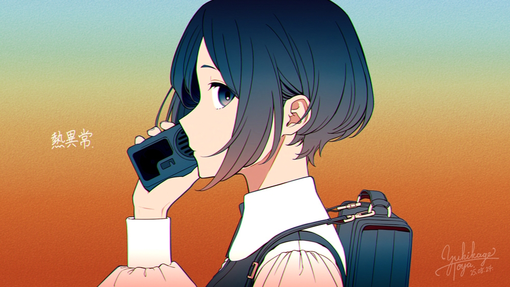fukurai azami, netsu ijou (utau), toshi densetsu kaitai center, 1girl, backpack, bag, blue eyes, blue hair, cassette player, closed mouth, collared shirt, from side, gradient background, kiri (fog kai), limited palette, long sleeves, looking at viewer, orange background, profile, shirt, short hair, signature, solo, upper body, white shirt