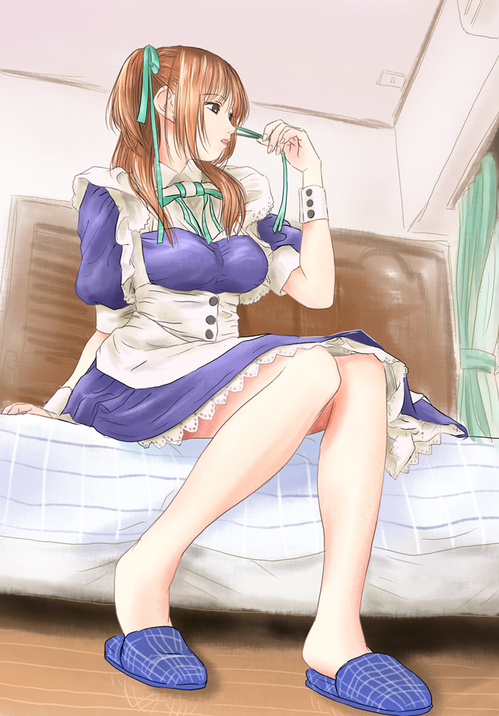 bucho, original, bed, legs, maid, sitting, slippers, solo, twintails