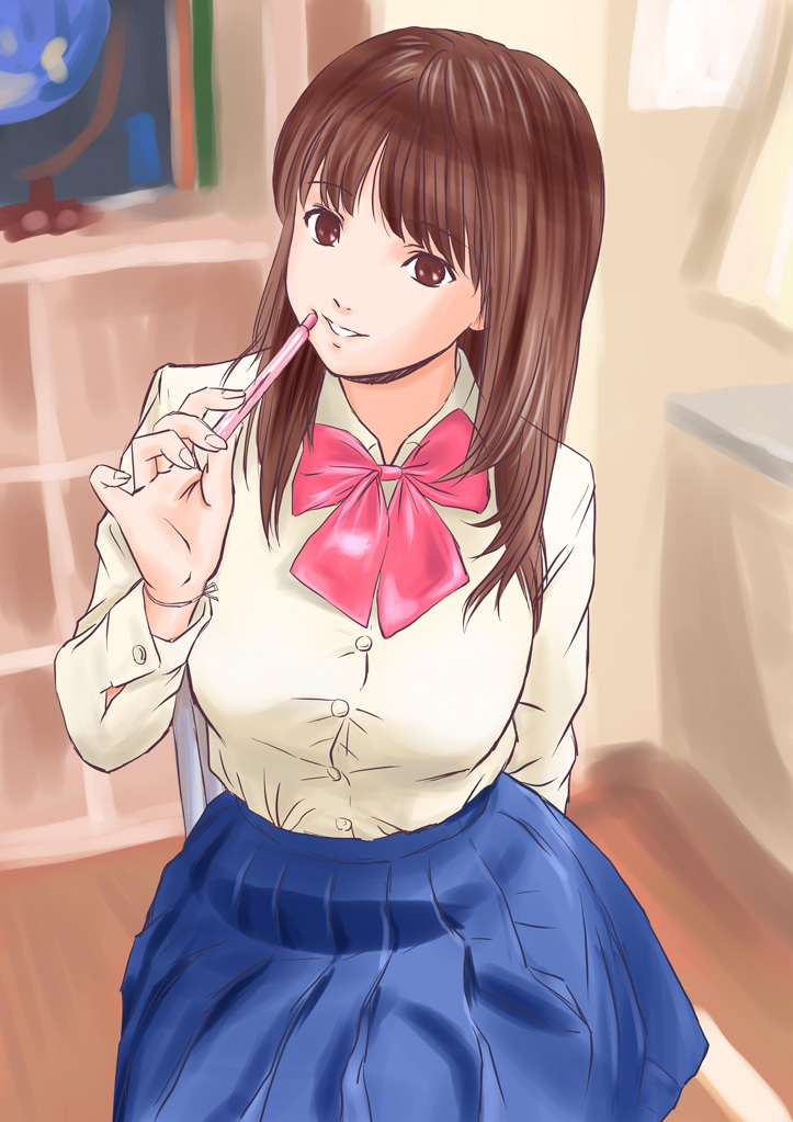 bucho, tagme, brown eyes, brown hair, pen, school uniform, serafuku, solo