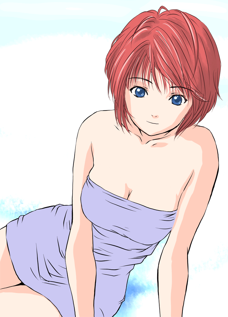 bucho, animated, animated gif, 1girl, bare shoulders, blue eyes, blush, bouncing breasts, breasts, cleavage, dress, embarrassed, female focus, large breasts, nipples, red hair, short dress, smile, solo, strapless, strapless dress, tube dress, wardrobe malfunction