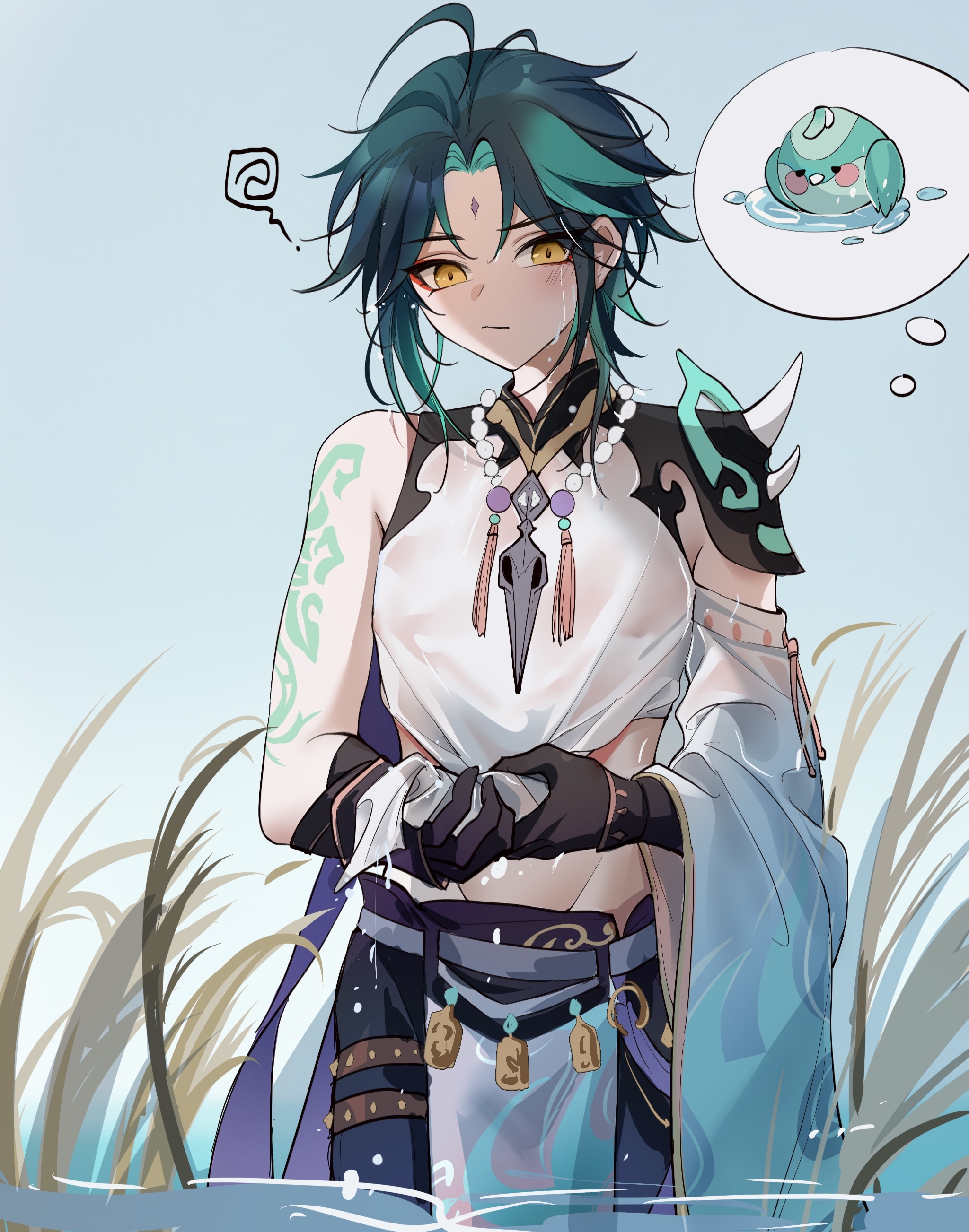 yin01582942, xiao (bird) (genshin impact), xiao (genshin impact), genshin impact, absurdres, highres, 1boy, aqua hair, arm tattoo, bead necklace, beads, bird, black hair, black pants, closed mouth, clothes lift, facial mark, forehead mark, jewelry, male focus, midriff, multicolored hair, necklace, pants, shirt, shirt lift, short hair, solo, stomach, tattoo, wet, white shirt, yellow eyes