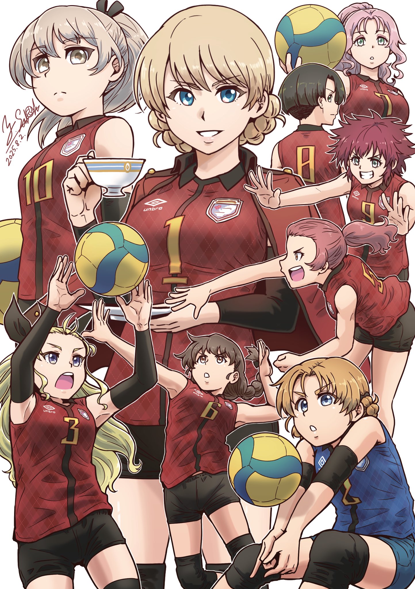 satou yasu, assam (girls und panzer), cranberry (girls und panzer), darjeeling (girls und panzer), orange pekoe (girls und panzer), peach (girls und panzer), rosehip (girls und panzer), rukuriri (girls und panzer), shimada arisu, vanilla (girls und panzer), girls und panzer, commentary, highres, 6+girls, alternate hairstyle, artist name, ball, black ribbon, black shorts, black sleeves, blonde hair, blue eyes, blue shirt, blue shorts, braid, braided ponytail, brown eyes, brown hair, bumping, closed mouth, cup, dated, detached sleeves, elbow pads, frown, grin, hair pulled back, hair ribbon, hair up, holding, holding cup, jacket, jacket on shoulders, jumping, knee pads, long hair, looking at viewer, looking back, messy hair, multiple girls, orange hair, pink hair, red hair, red jacket, red shirt, ribbon, shirt, short hair, short shorts, shorts, signature, simple background, single braid, sleeveless, sleeveless shirt, smile, spiking, sportswear, st. gloriana's military uniform, teacup, twin braids, volleyball, volleyball (object), volleyball uniform, white background