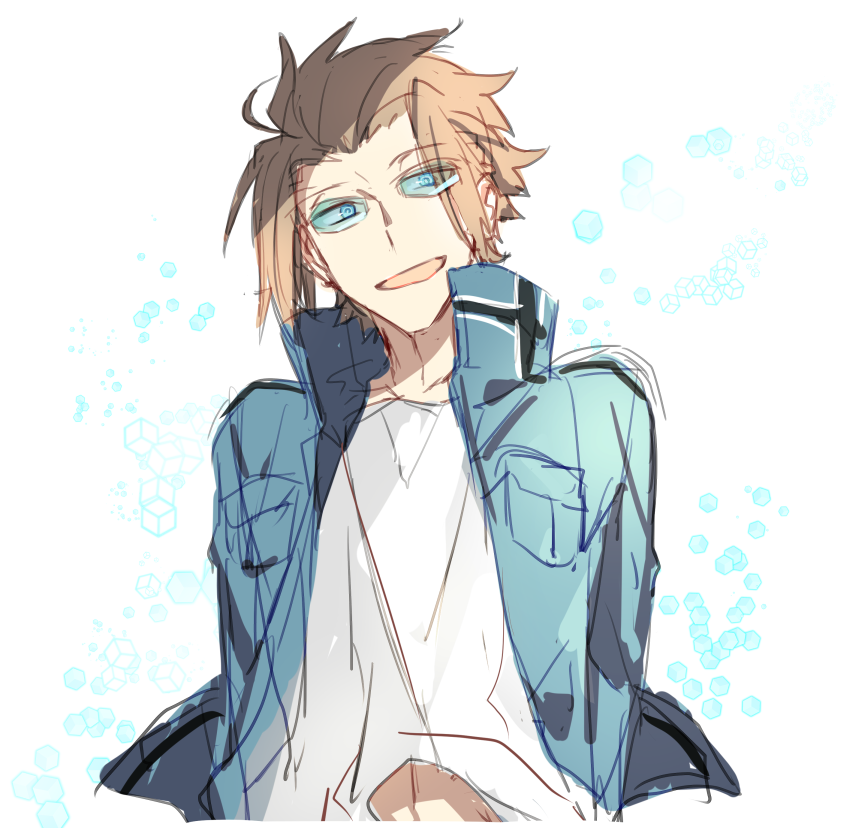 nikame, jin yuuichi, world trigger, brown hair, jacket, male focus, open mouth, shirt, solo, white background, white shirt