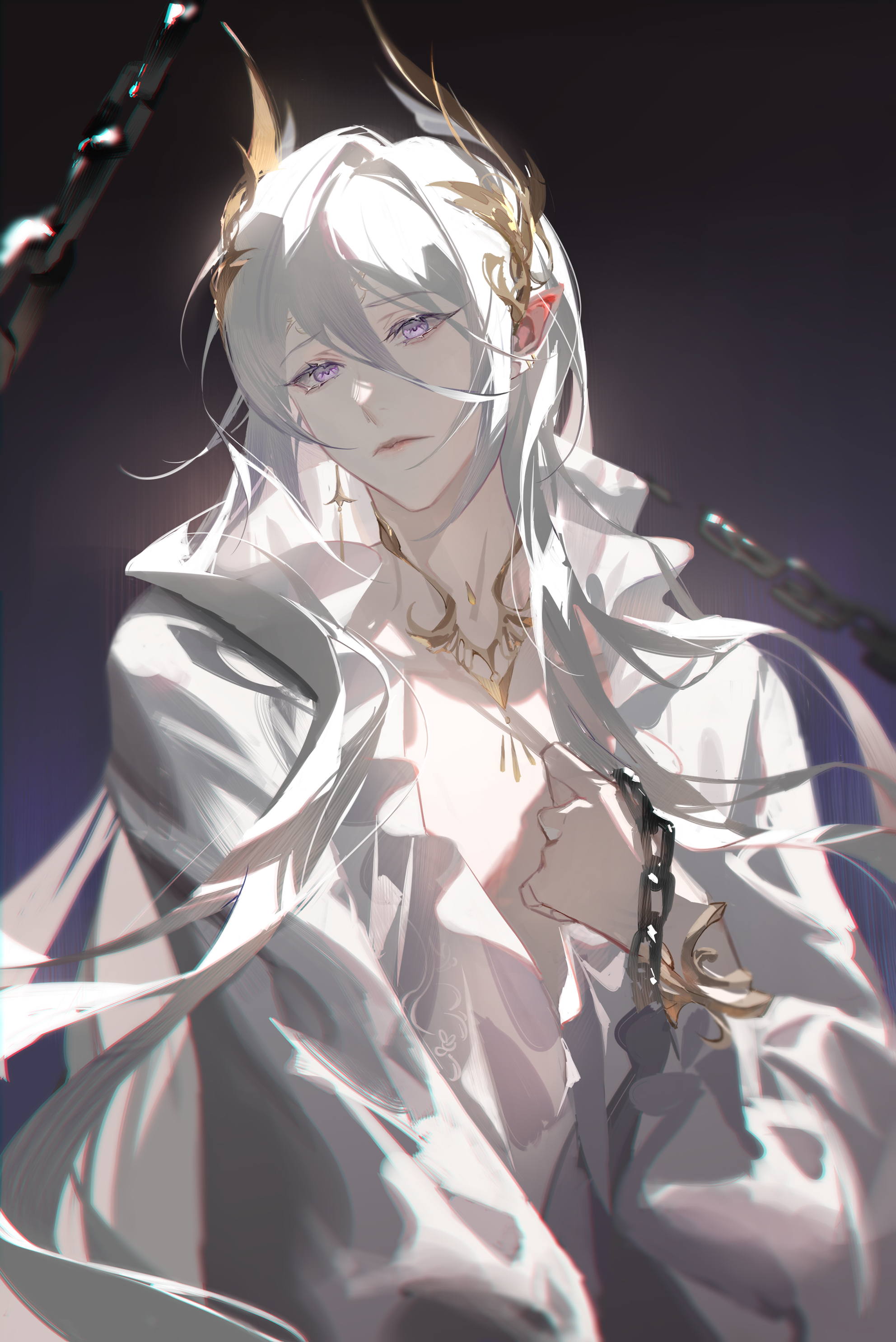 yichun583, cael anselm, lovebrush chronicles, absurdres, chinese commentary, highres, 1boy, black background, cael anselm (midnight epilogue), chain, closed mouth, earrings, frilled robe, frown, gold choker, gradient background, hair between eyes, hair ornament, hand on own chest, holding, holding chain, jewelry, lips, long bangs, long hair, long hair between eyes, long sleeves, looking to the side, male focus, plunging neckline, pointy ears, purple background, purple eyes, robe, single earring, solo, very long hair, white hair, white robe, wing hair ornament