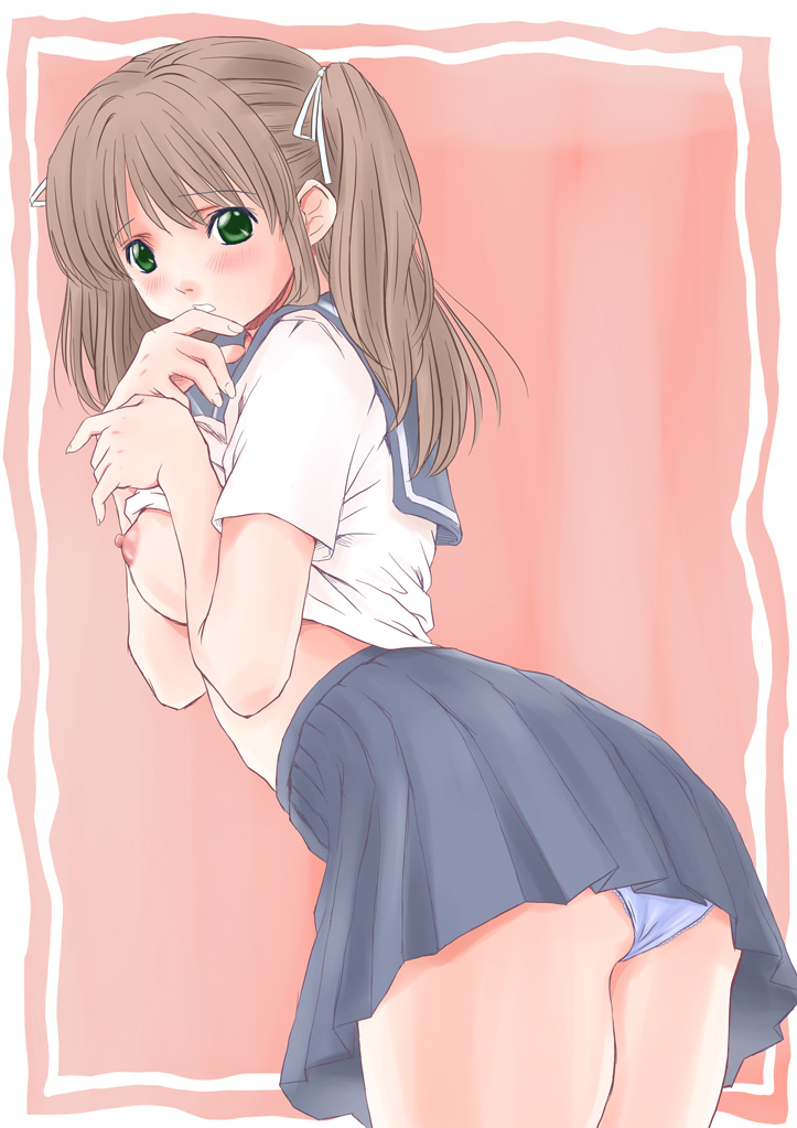 bucho, 1girl, ass, breasts, brown hair, clothes lift, female focus, green eyes, hair ribbon, nipples, panties, ribbon, school uniform, serafuku, shirt lift, solo, underwear
