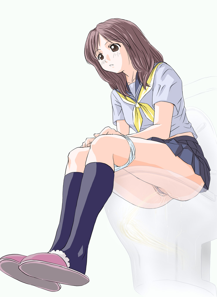 bucho, 1girl, brown eyes, brown hair, female focus, legs, panties, panty pull, pee, peeing, pussy, school uniform, see-through clothes, serafuku, sitting, skirt, slippers, socks, solo, toilet, toilet use, uncensored, underwear