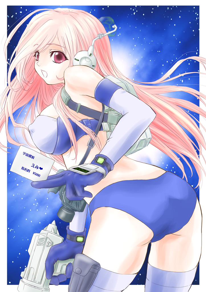 bucho, 1girl, ass, backpack, bag, breasts, card, covered erect nipples, female focus, gun, headset, holding, holding card, large breasts, pink hair, randoseru, red eyes, solo, thighhighs, weapon