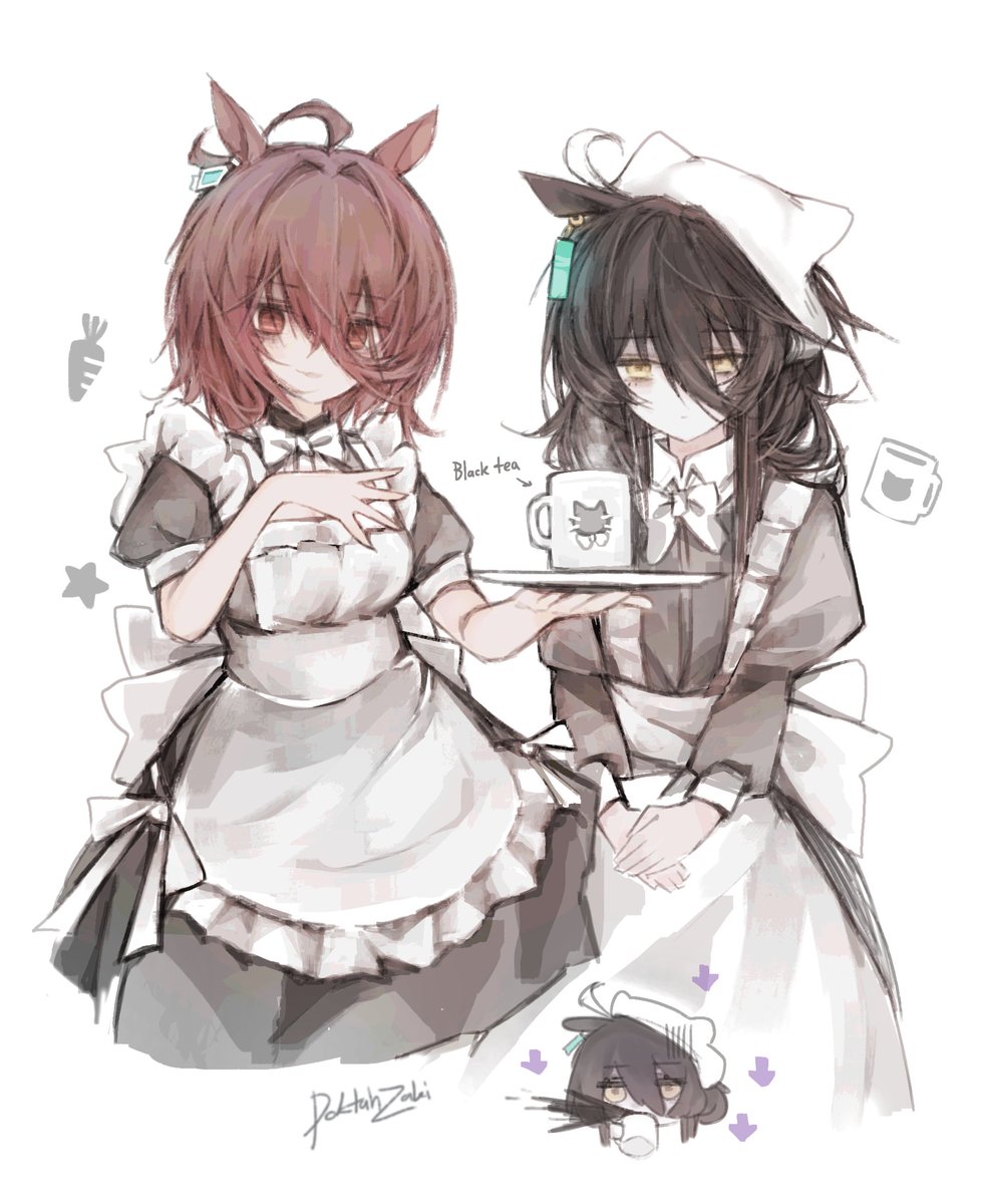 doktahzaki, agnes tachyon (umamusume), manhattan cafe (umamusume), umamusume, commentary, english commentary, highres, 2girls, ahoge, alternate costume, animal ears, apron, back bow, black dress, bow, bowtie, brown hair, carrot, cup, dress, earrings, english text, enmaided, expressionless, frilled apron, frills, hair between eyes, hand up, holding, holding tray, horse ears, horse girl, horse tail, jewelry, long hair between eyes, long sleeves, maid, maid apron, medium hair, messy hair, mug, multicolored hair, multiple girls, own hands together, puffy short sleeves, puffy sleeves, red eyes, short sleeves, sidelocks, signature, simple background, single ear down, single earring, star (symbol), streaked hair, tail, tray, white background, white bow, white bowtie, white hair, yellow eyes