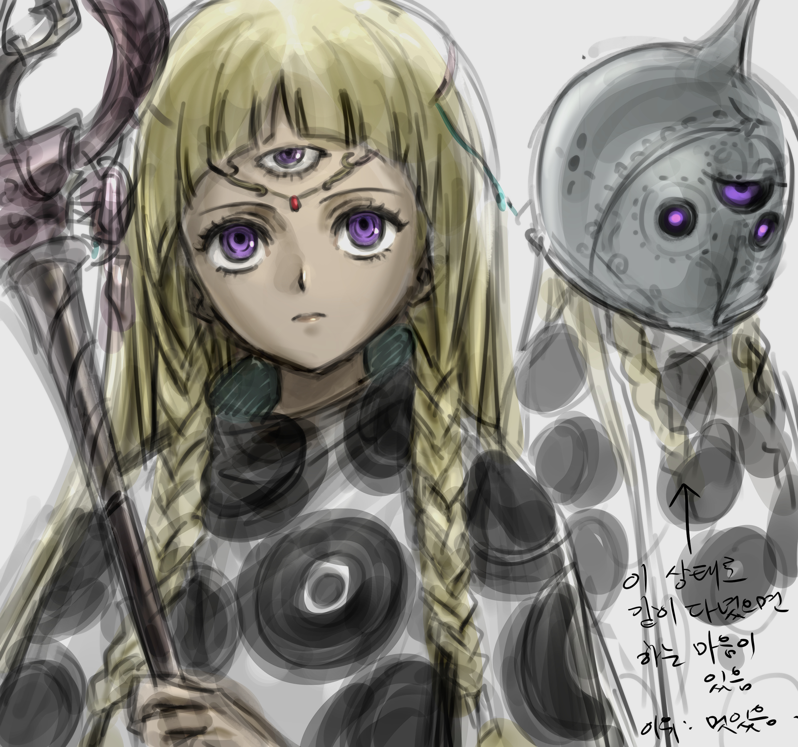 harari, eupha (metaphor: refantazio), metaphor: refantazio, absurdres, commentary request, highres, translation request, 1girl, blonde hair, braid, closed mouth, dark-skinned female, dark skin, holding, holding staff, korean text, long hair, looking at viewer, mask, poncho, purple eyes, simple background, solo, staff, third eye, twin braids, white background