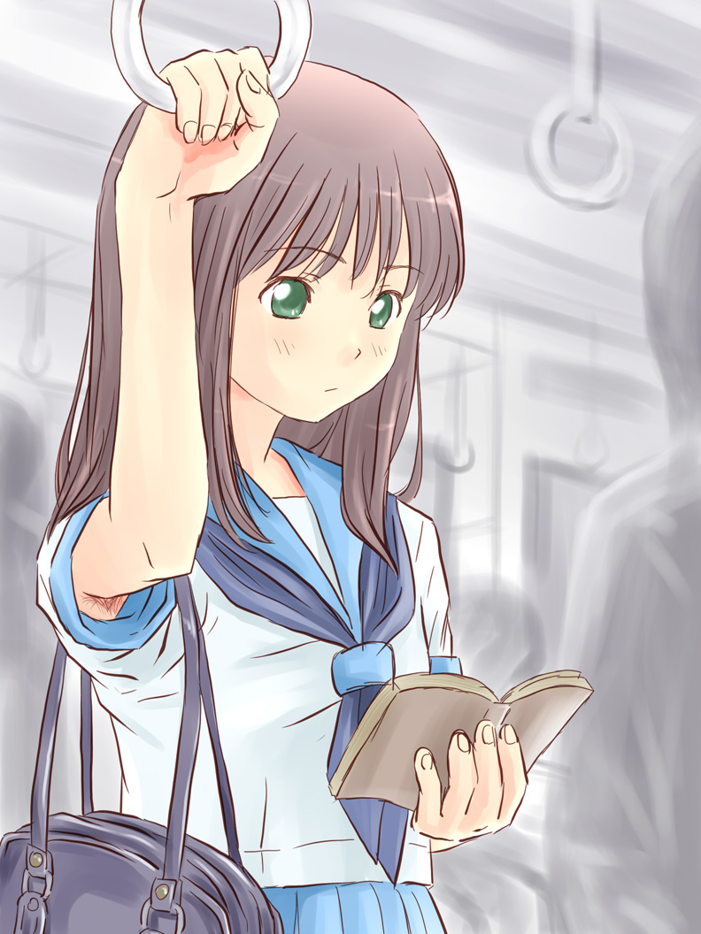 bucho, armpit hair, bag, blue skirt, book, brown hair, green eyes, hand grip, holding hand grip, long hair, neckerchief, open book, pleated skirt, reading, sailor collar, school uniform, serafuku, shoulder bag, skirt, standing, train, train interior