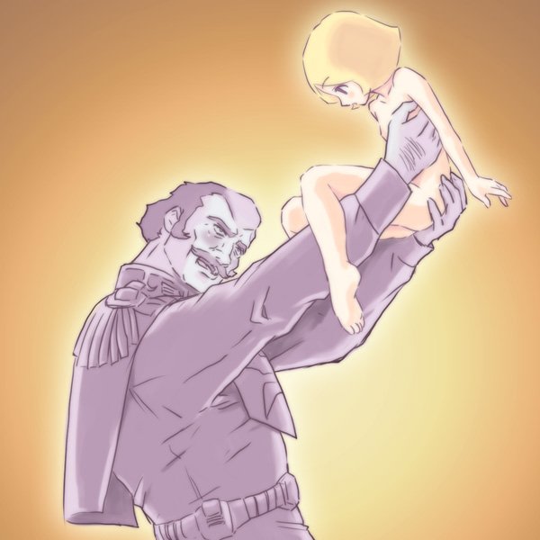 bucho, ramba ral, sayla mass, gundam, mobile suit gundam, 1boy, 1girl, aged down, barefoot, blonde hair, blush, clothed male nude female, facial hair, feet, gradient background, held up, lifting person, loli, military, military uniform, mustache, nude, simple background, size difference, yellow background