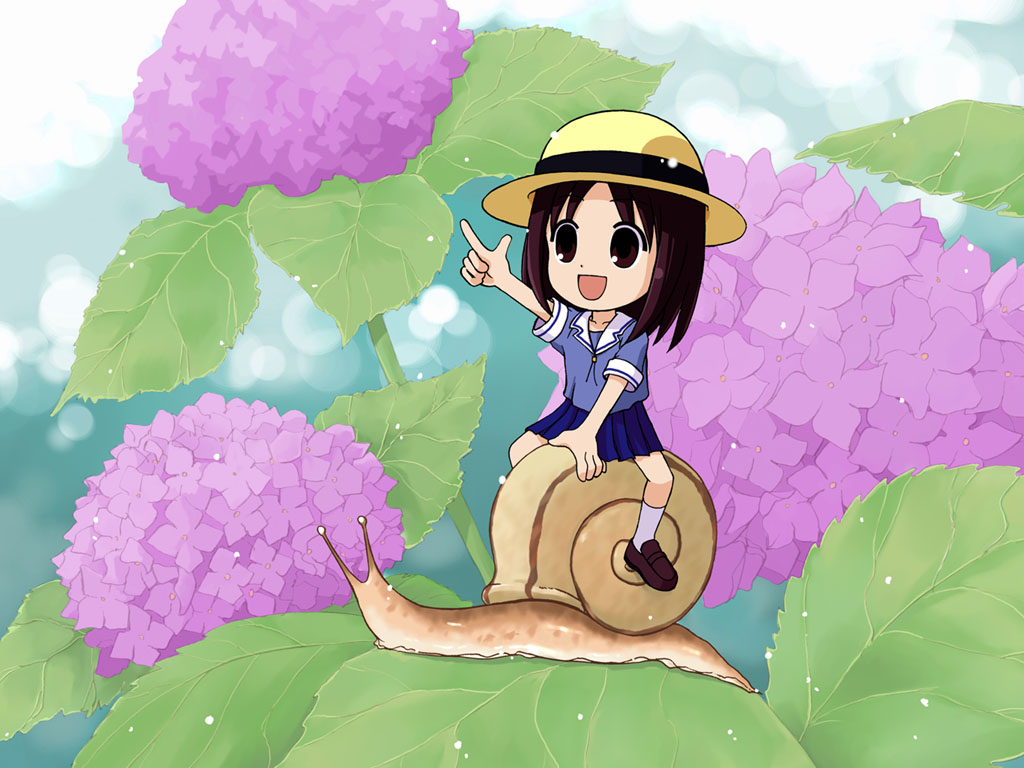 takano hayato, kasuga ayumu, azumanga daiou, 1girl, brown eyes, brown hair, chibi, female focus, flower, hat, hydrangea, mini person, minigirl, open mouth, pointing, riding, school uniform, serafuku, snail, solo