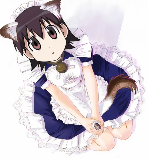 takino tomo, azumanga daiou, 1girl, animal ears, bell, brown hair, cat ears, cat tail, collar, female focus, maid, neck bell, solo, tail