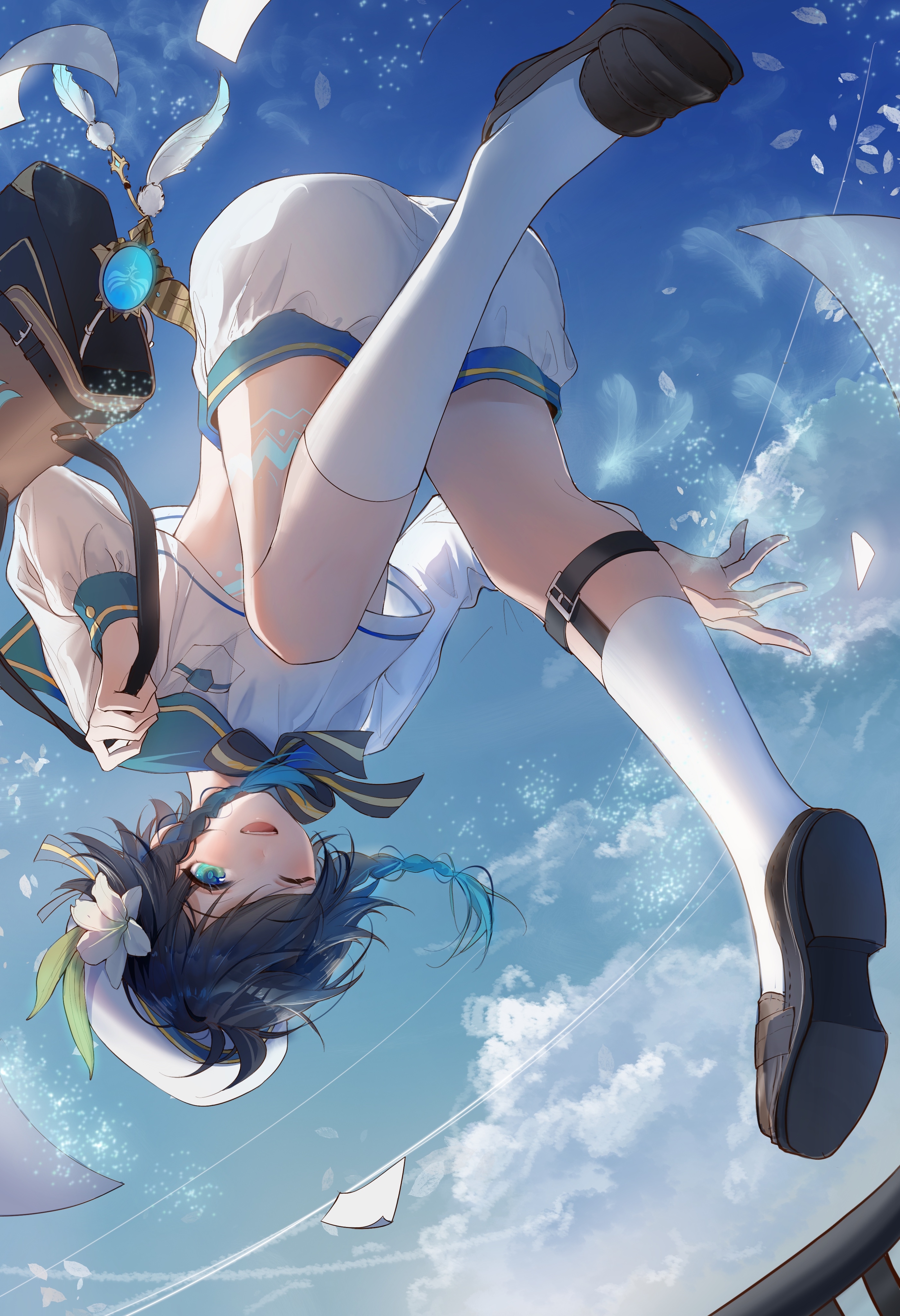 yin01582942, venti (genshin impact), genshin impact, absurdres, highres, 1boy, ;d, aqua hair, bag, beret, black bow, blue sky, blush, bow, braid, brown shoes, cecilia flower (genshin impact), chest tattoo, flower, gradient hair, hat, hat flower, leg tattoo, loafers, long sleeves, looking at viewer, male focus, multicolored hair, one eye closed, open mouth, puffy long sleeves, puffy sleeves, school bag, school uniform, shoes, shorts, sky, smile, socks, solo, striped bow, tattoo, twin braids, upside-down, vision (genshin impact), white hat, white shorts