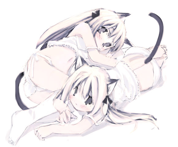ganges gawa, ganges river, copyright request, 2girls, animal ears, barefoot, blush, cat ears, cat tail, feet, kneehighs, loli, multiple girls, sketch, socks, tail